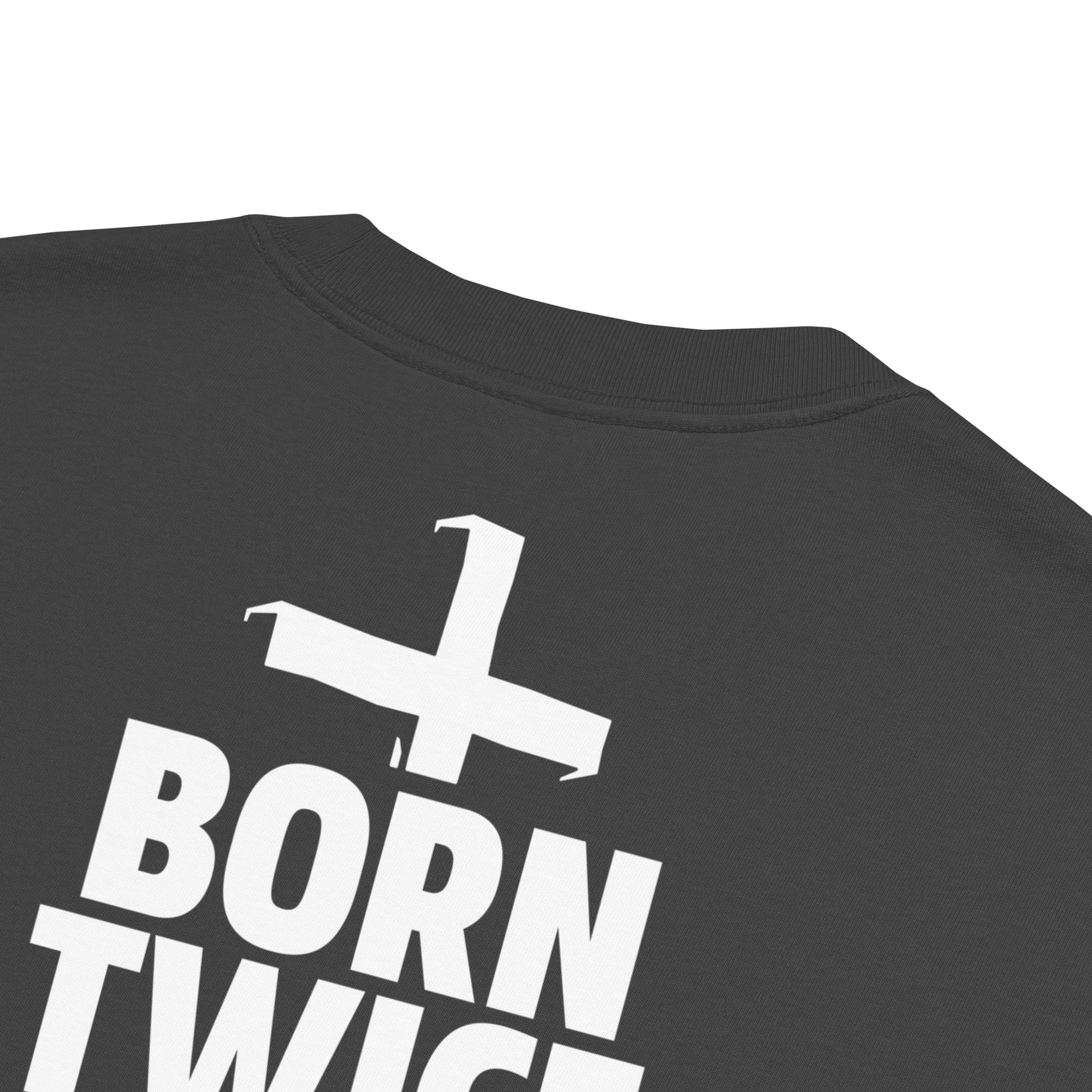 Image of Born Twice t-shirt Christian faded black close-up detail — Entrusted to Him