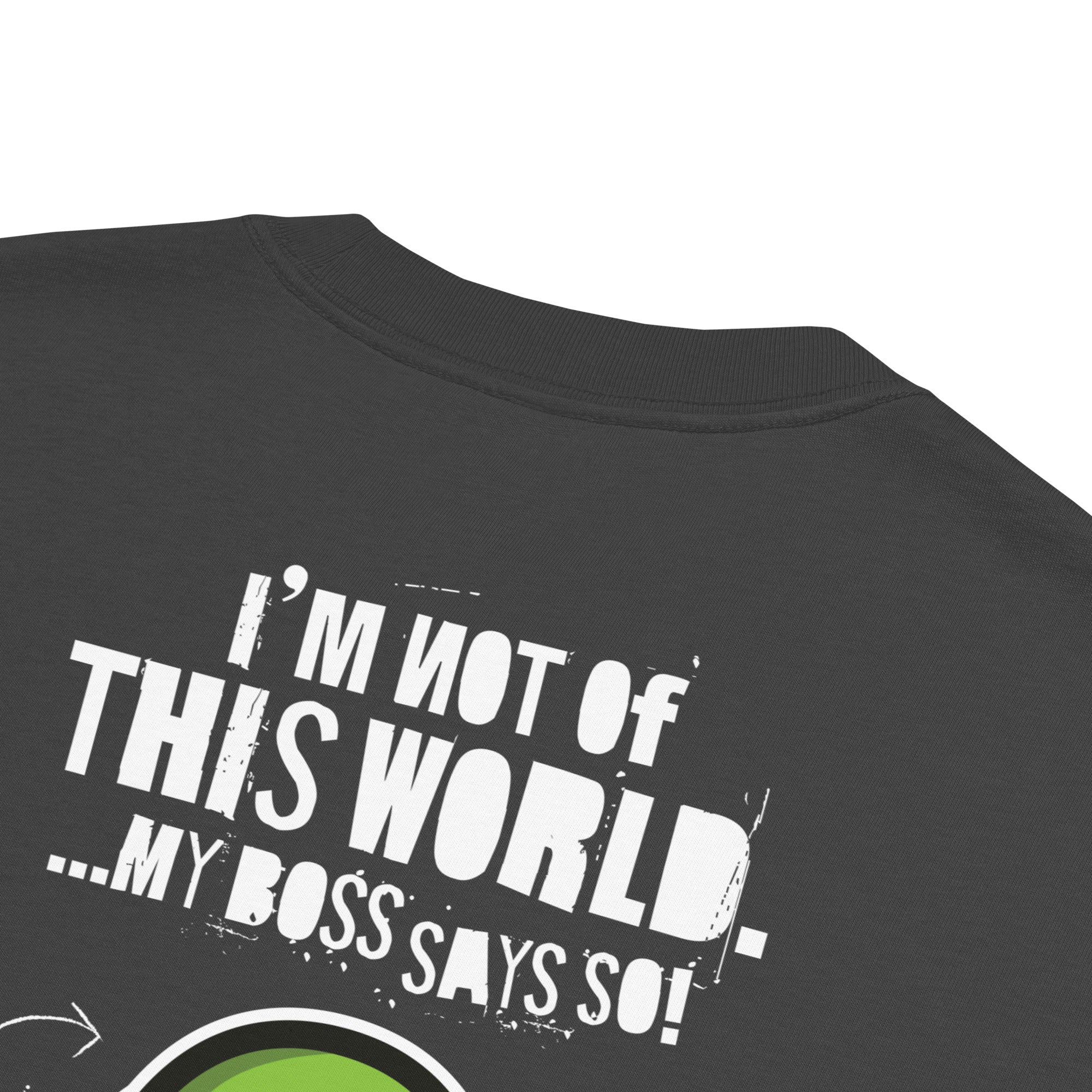 Image of Not From This World Bible verse shirt faded black close-up detail — Entrusted to Him