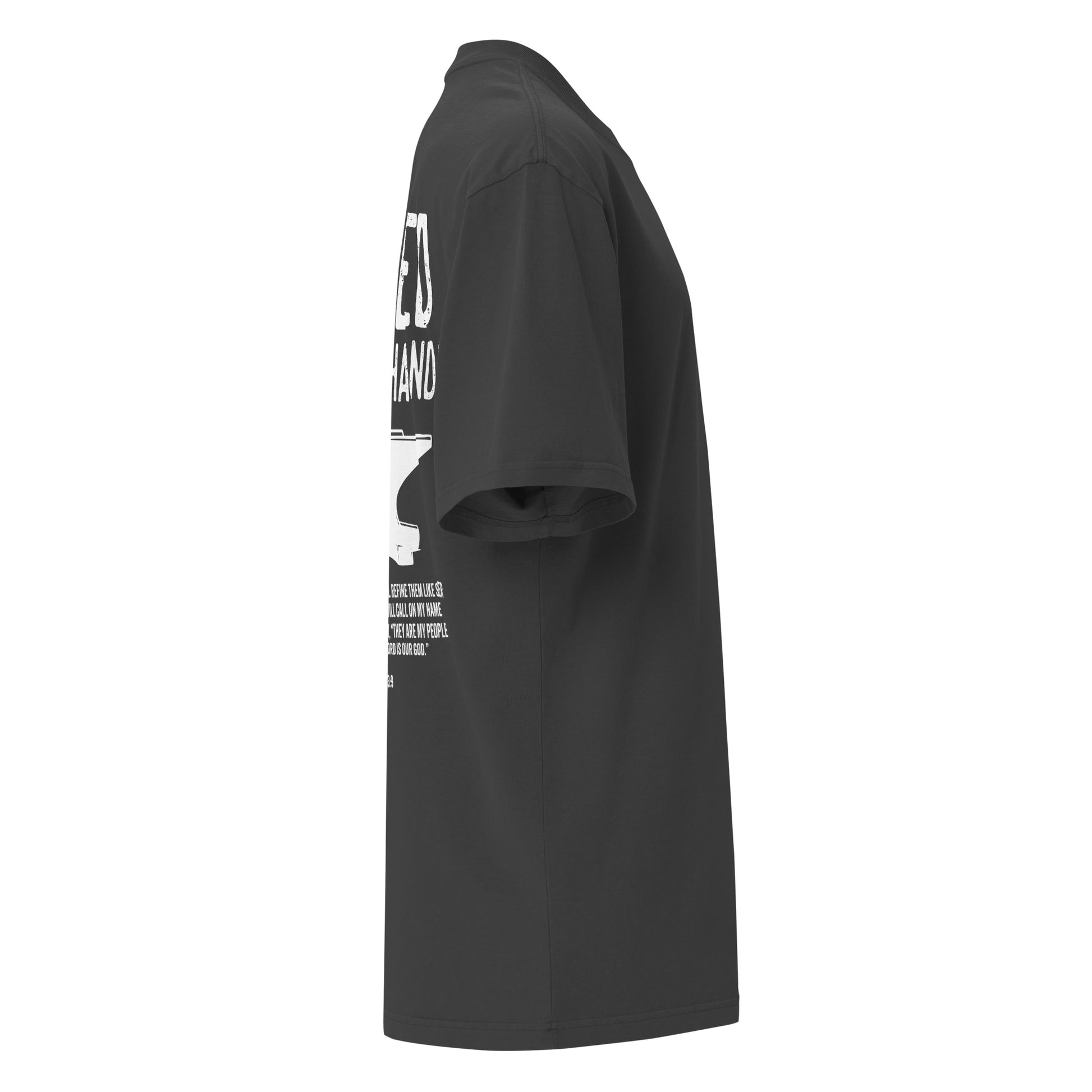 Forged in His Hands Bible verse shirt faded black right side view — Entrusted to Him