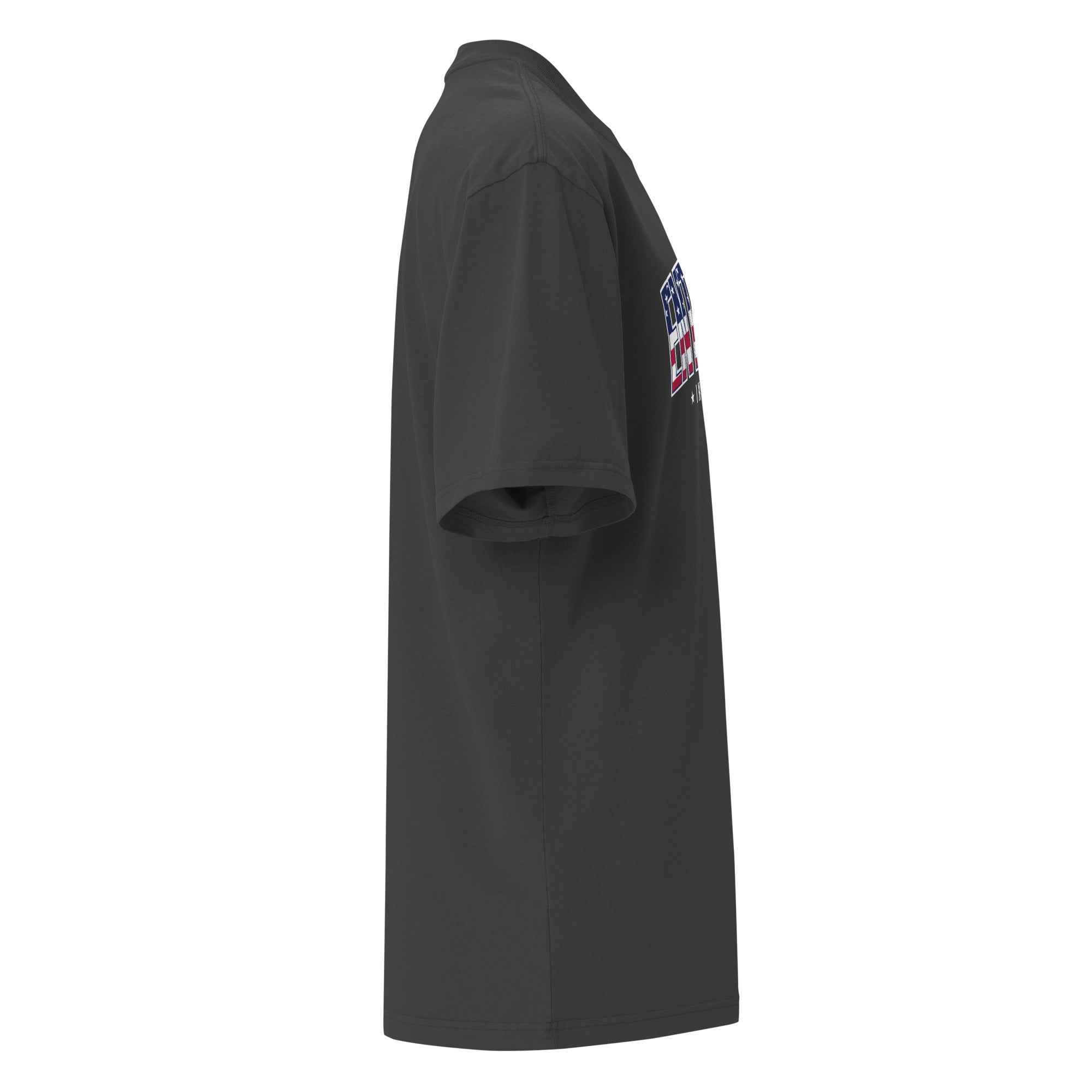 Image of Right side view of the Faded Black oversized tee showing the sleeve and dropped shoulder