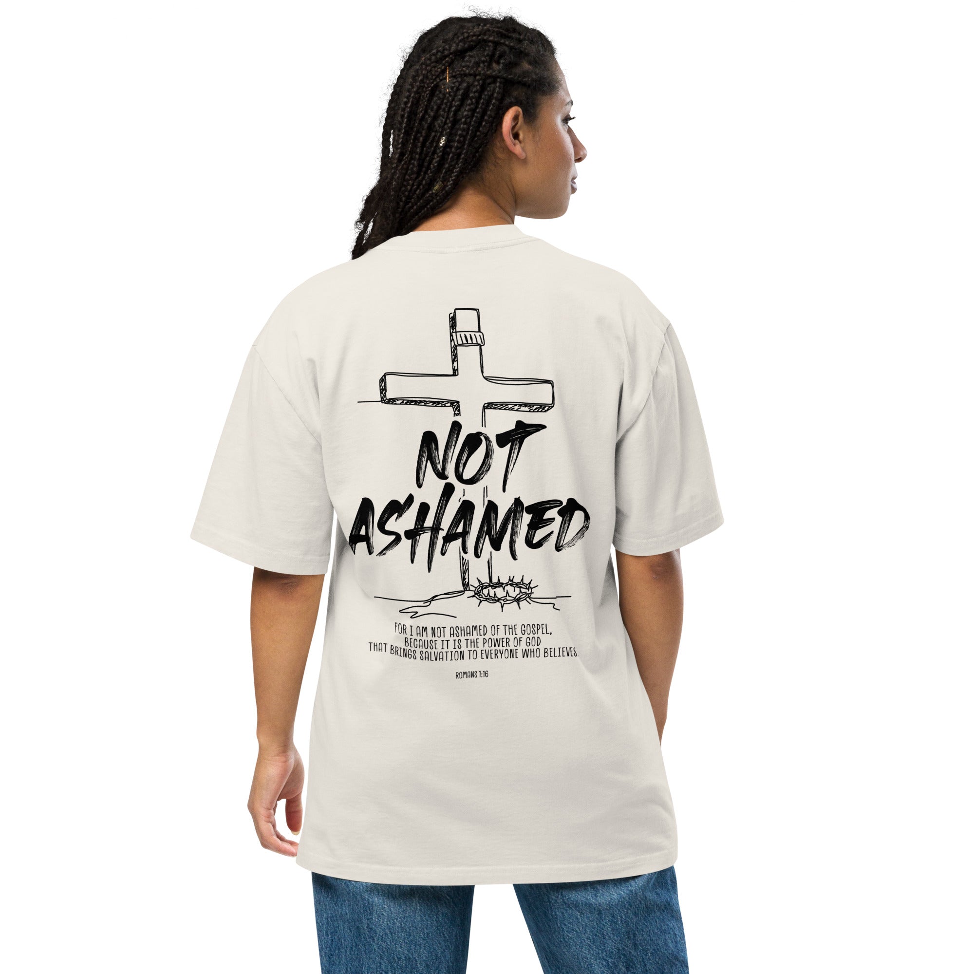 Image of Not Ashamed Jesus t-shirt faded bone back alternate view — Entrusted to Him