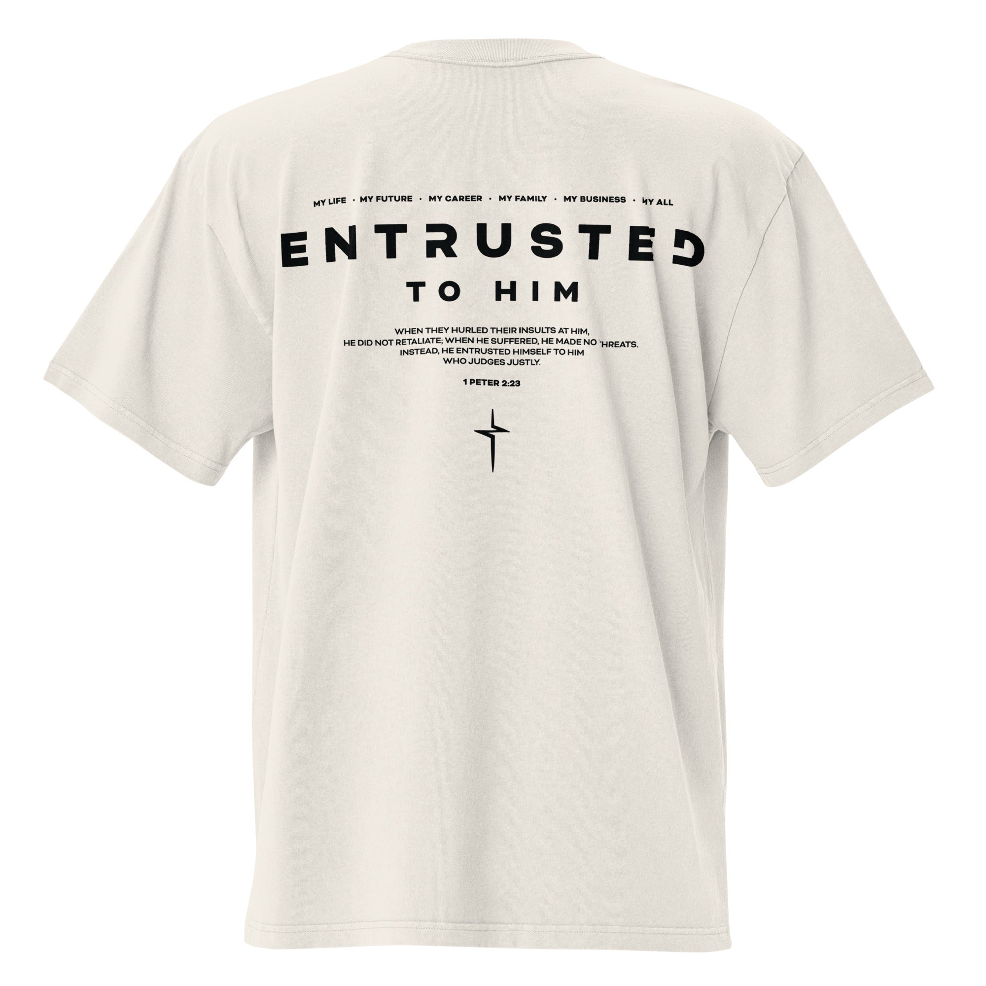 Image of Entrusted oversized Jesus shirt faded bone back view — Entrusted to Him