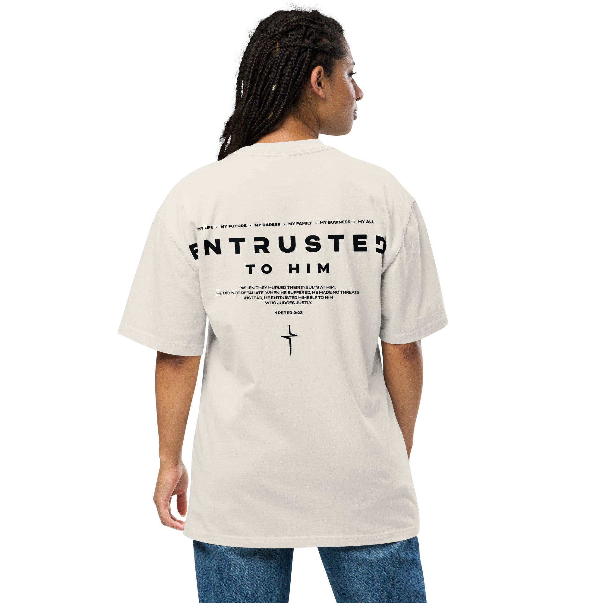 Image of Entrusted oversized Christian t-shirt faded bone back alternate view — Entrusted to Him