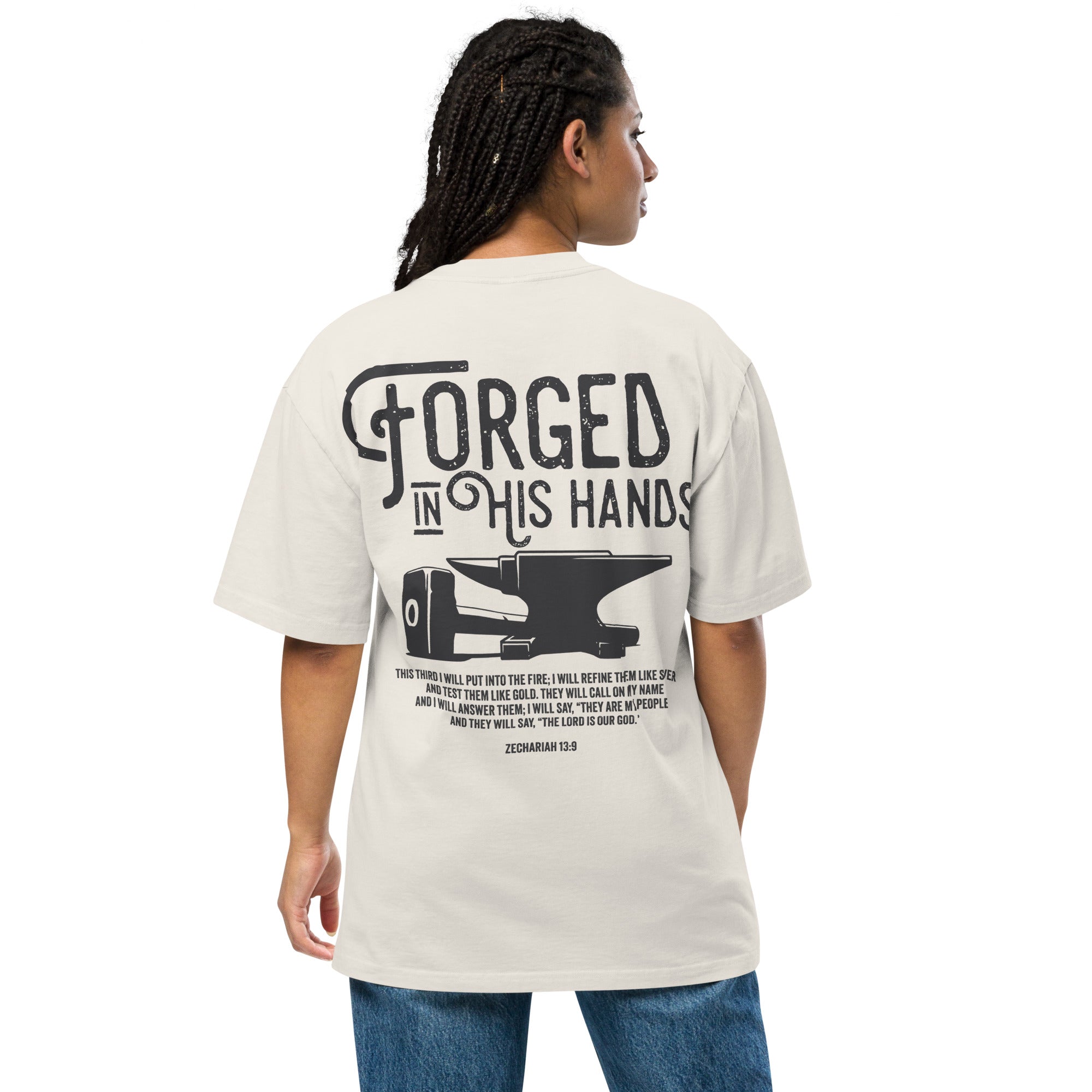 Image of Forged in His Hands Christian graphic tee faded bone back detail view — Entrusted to Him