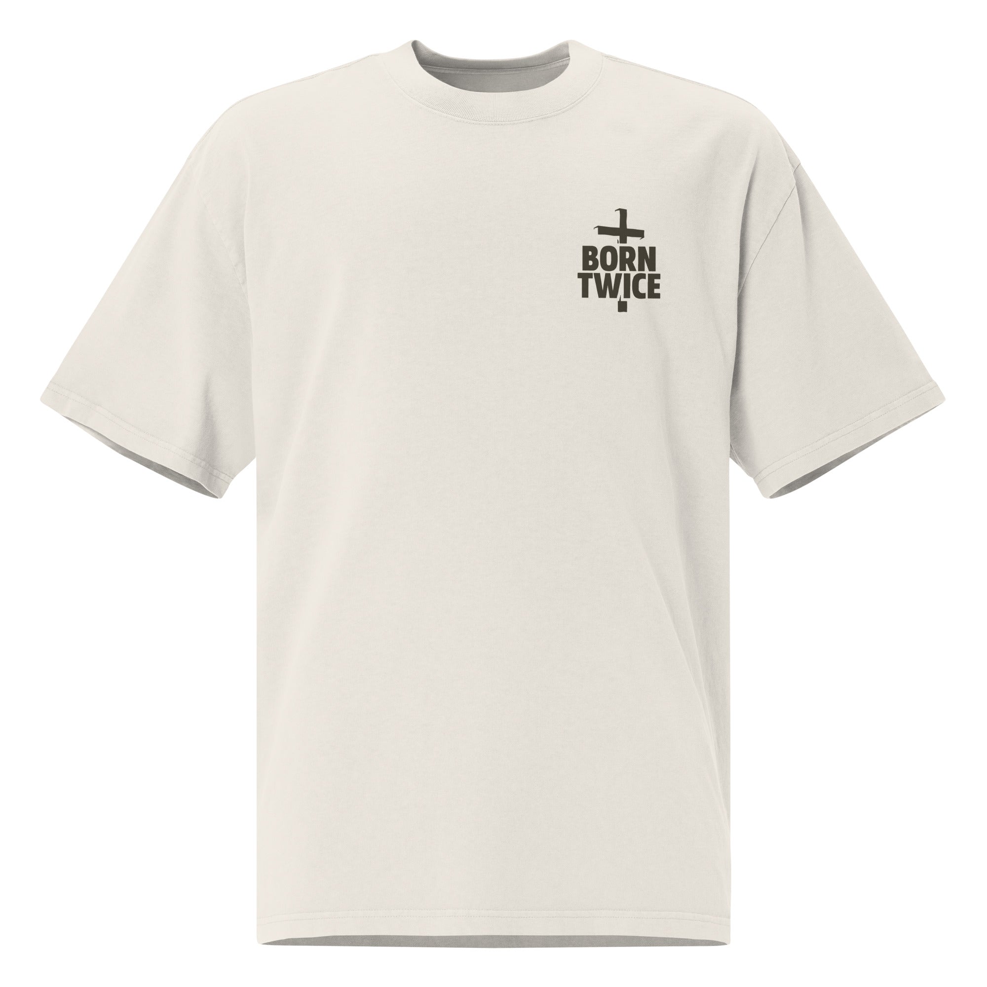 Image of Born Twice Jesus t-shirt faded bone front view — Entrusted to Him