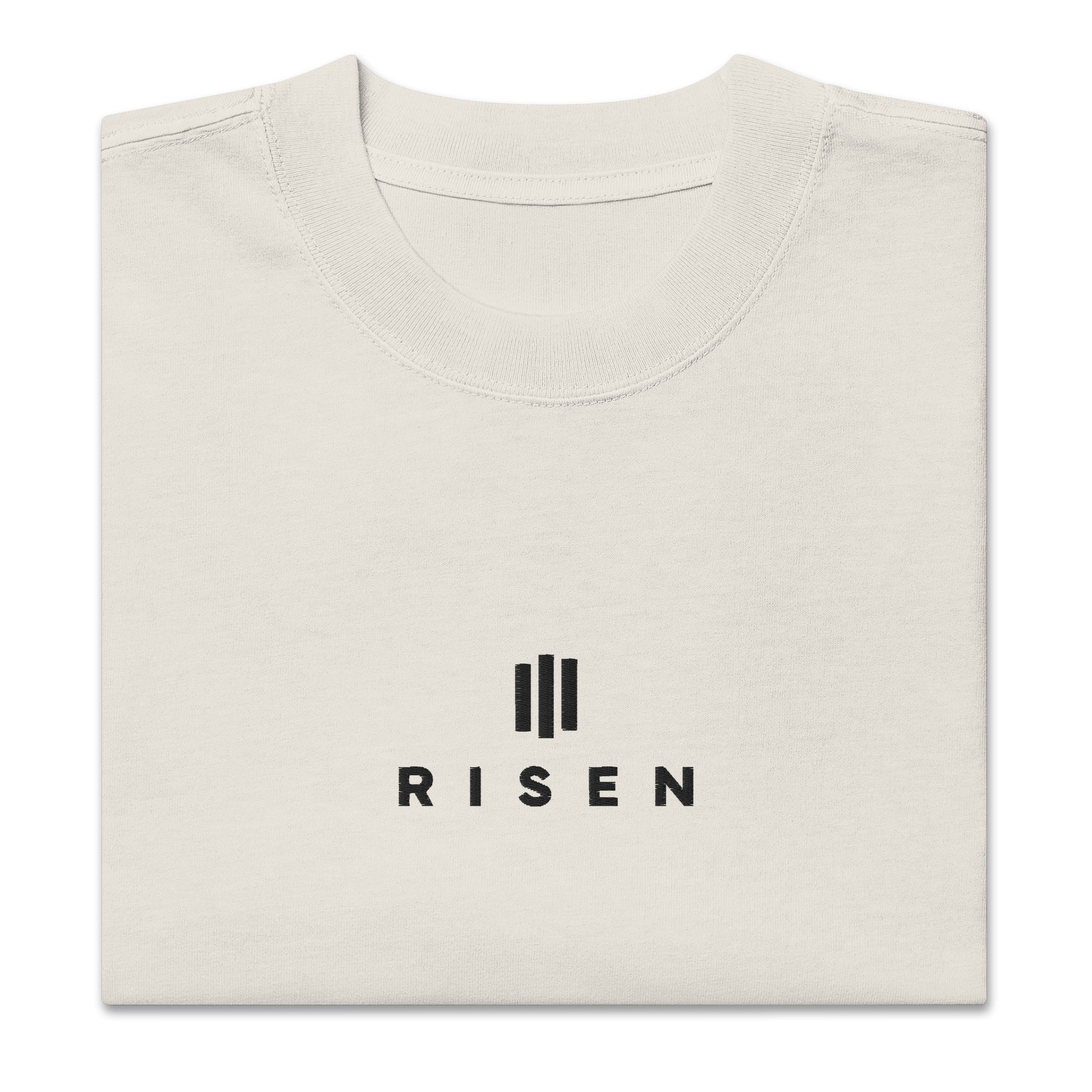 Image of Risen oversized Christian t-shirt faded bone front alternate view — Entrusted to Him