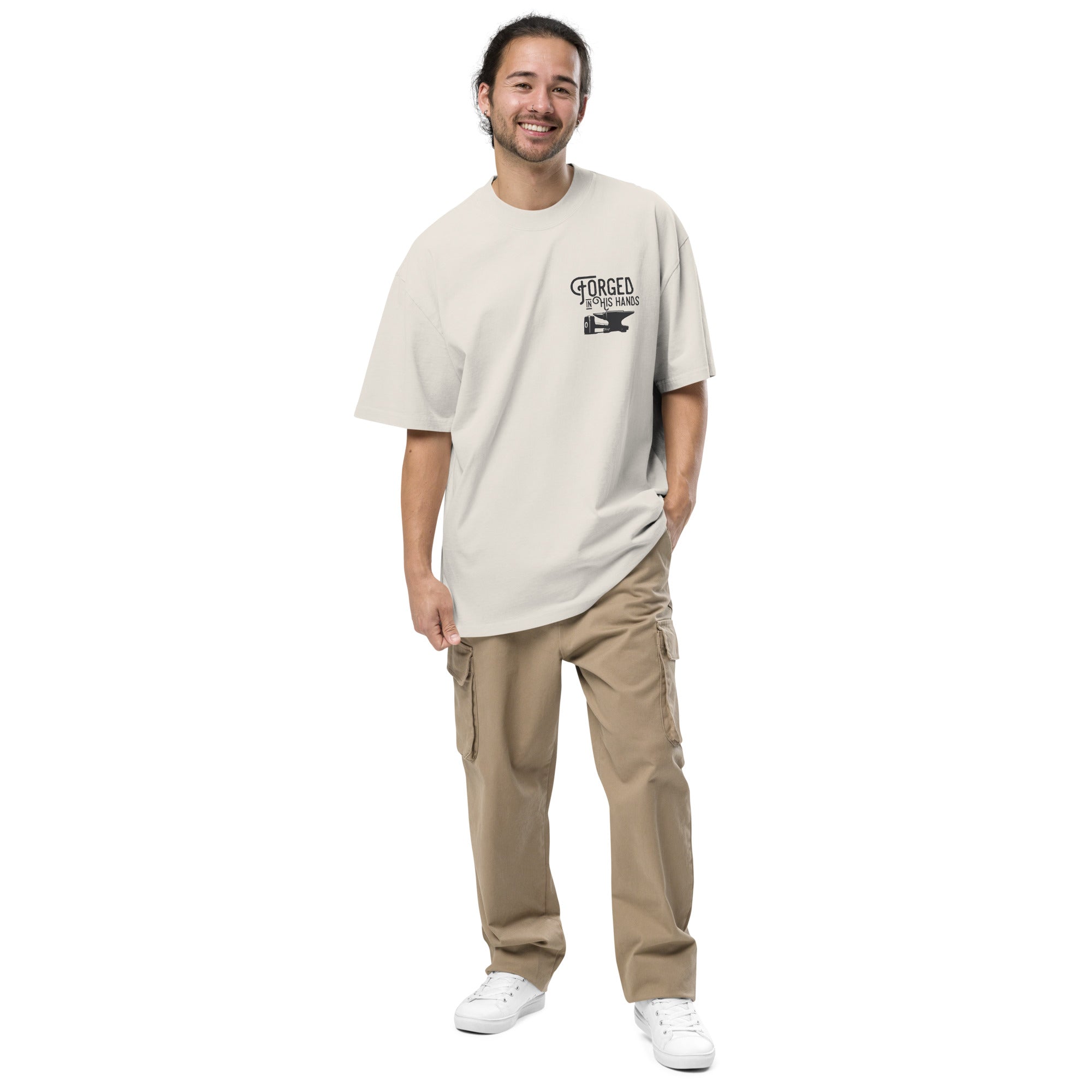 Image of Forged in His Hands oversized Christian t-shirt faded bone front detail view — Entrusted to Him
