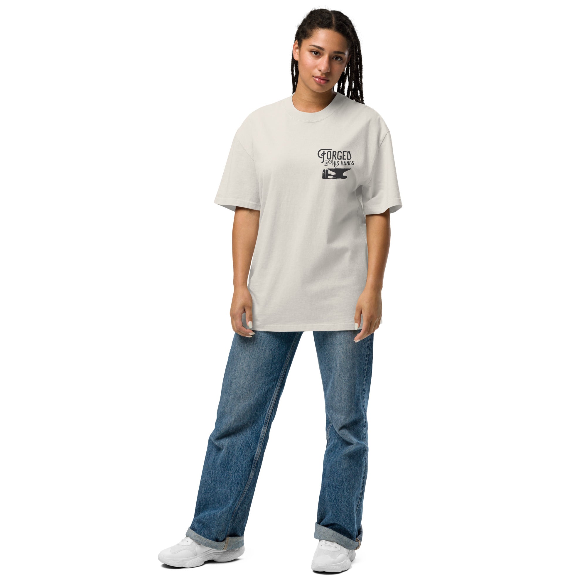 Image of Forged in His Hands t-shirt Christian faded bone front lifestyle view — Entrusted to Him