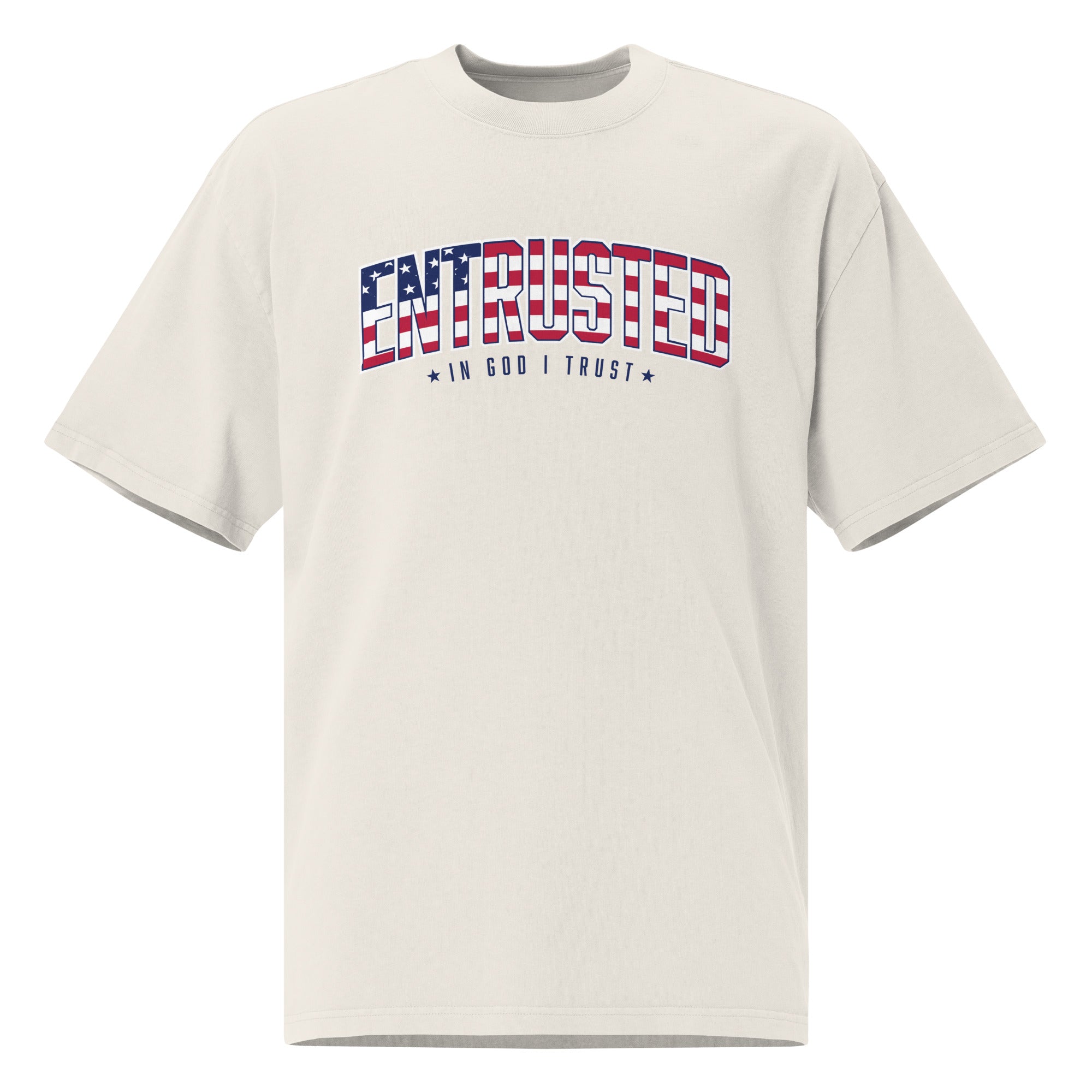 Image of Entrusted Patriotic Oversized Faded T-shirt in Faded Bone, front view with American flag ENTRUSTED In God I Trust design