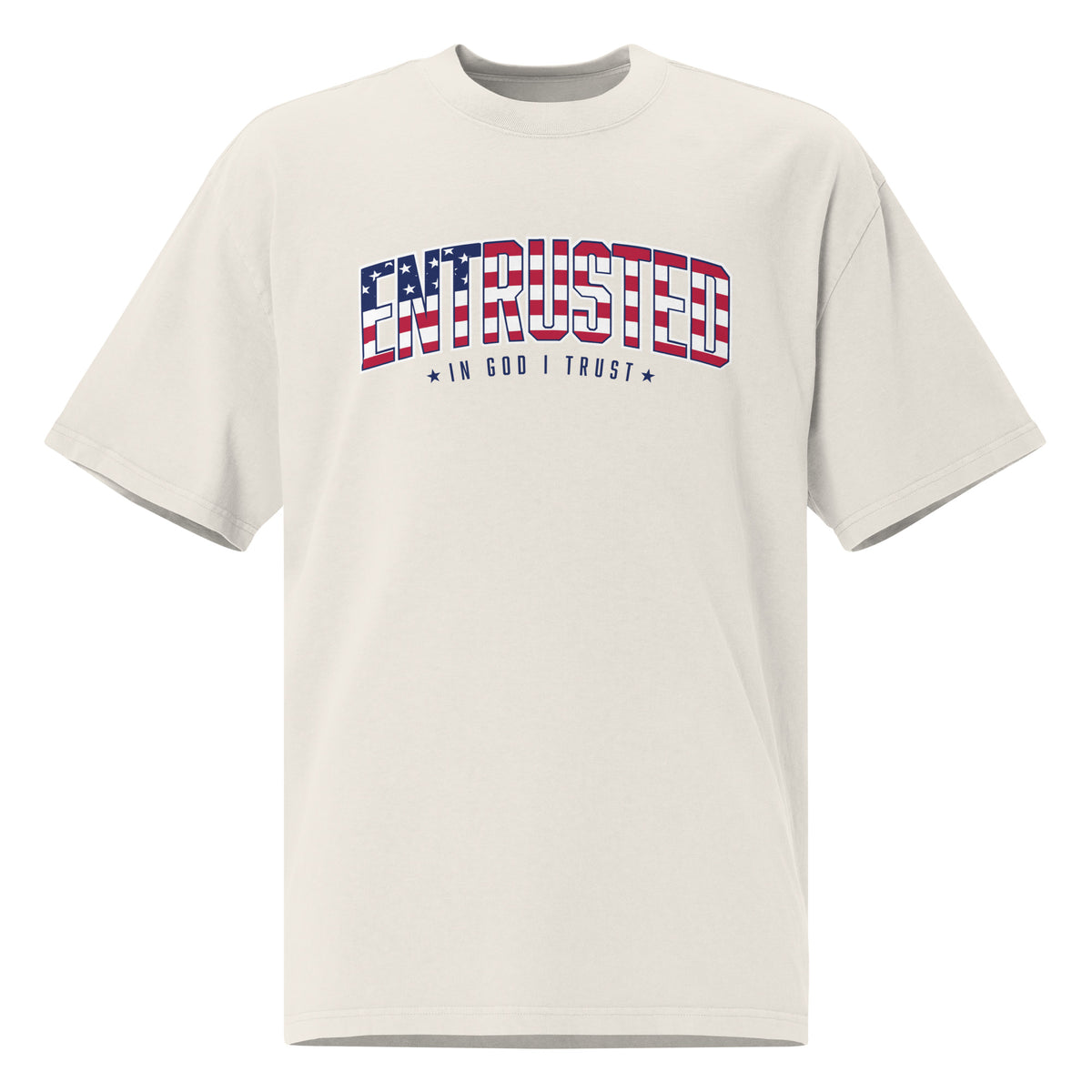 Entrusted Patriotic Oversized Faded T-shirt in Faded Bone, front view with American flag ENTRUSTED In God I Trust design