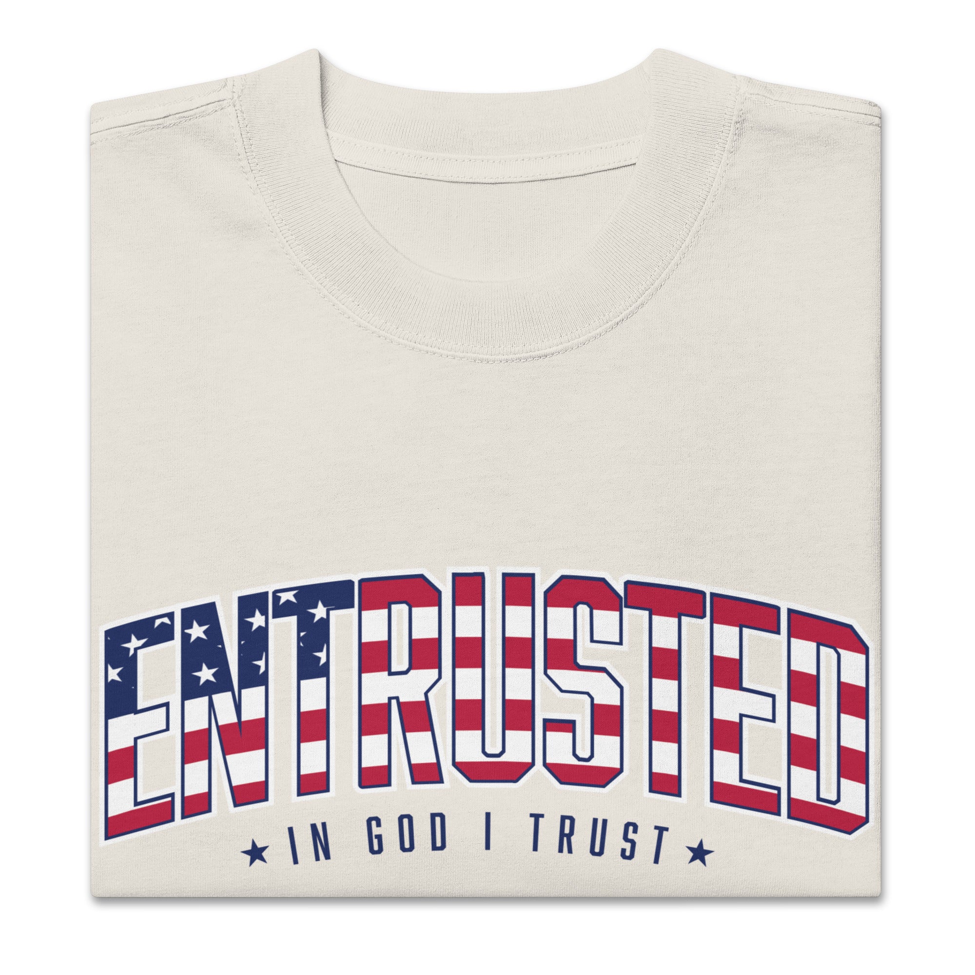 Image of Close-up of the red, white and blue American flag ENTRUSTED design with stars and In God I Trust on the Faded Bone tee