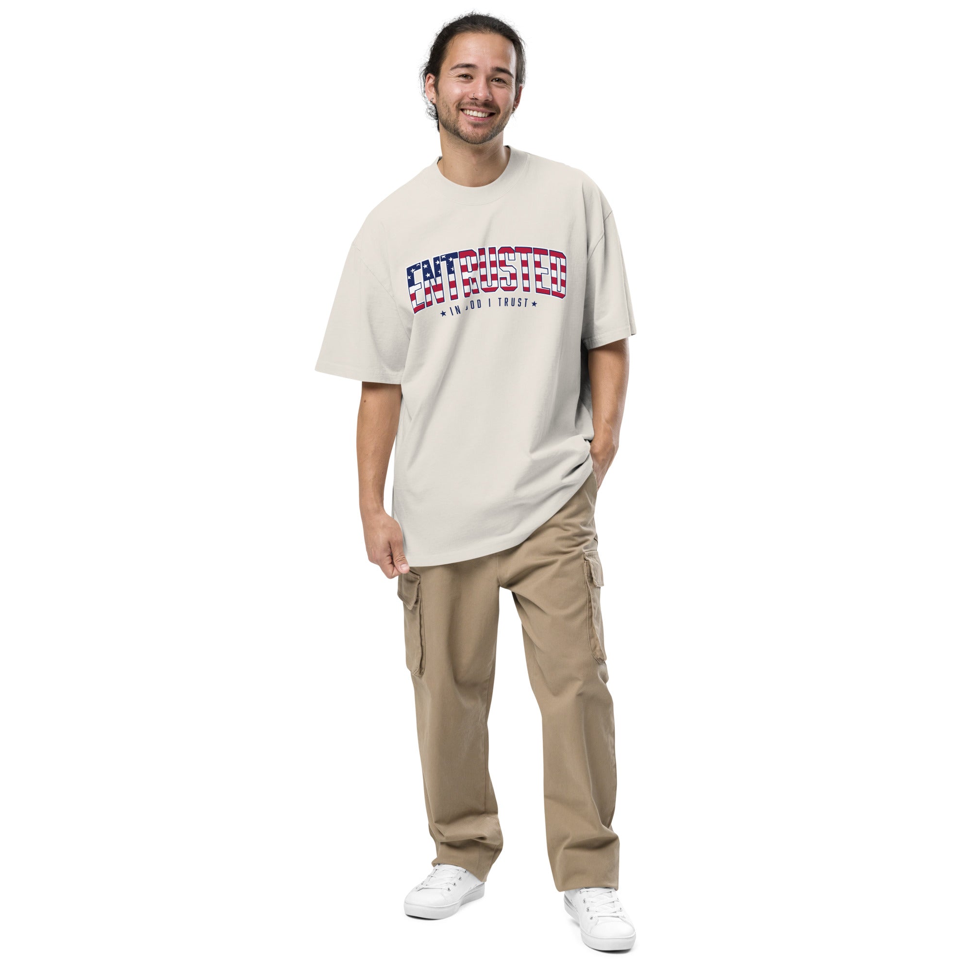 Image of Model in the Faded Bone oversized patriotic tee and khaki cargo pants, front view of the boxy fit