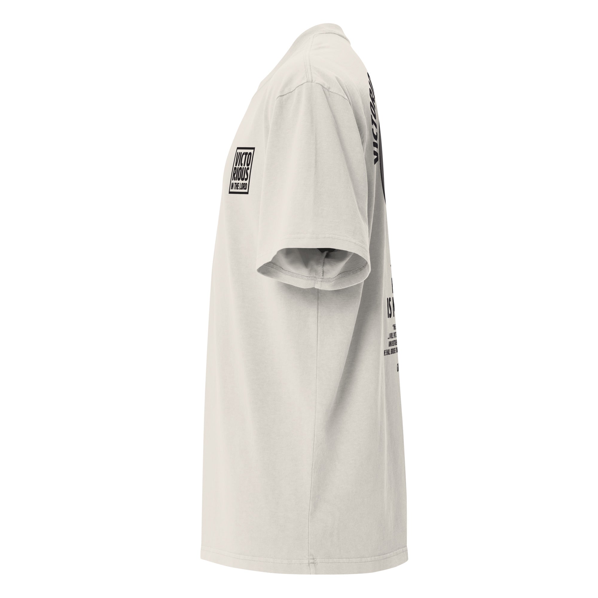 Image of Victorious Bible verse shirt faded bone left front view — Entrusted to Him