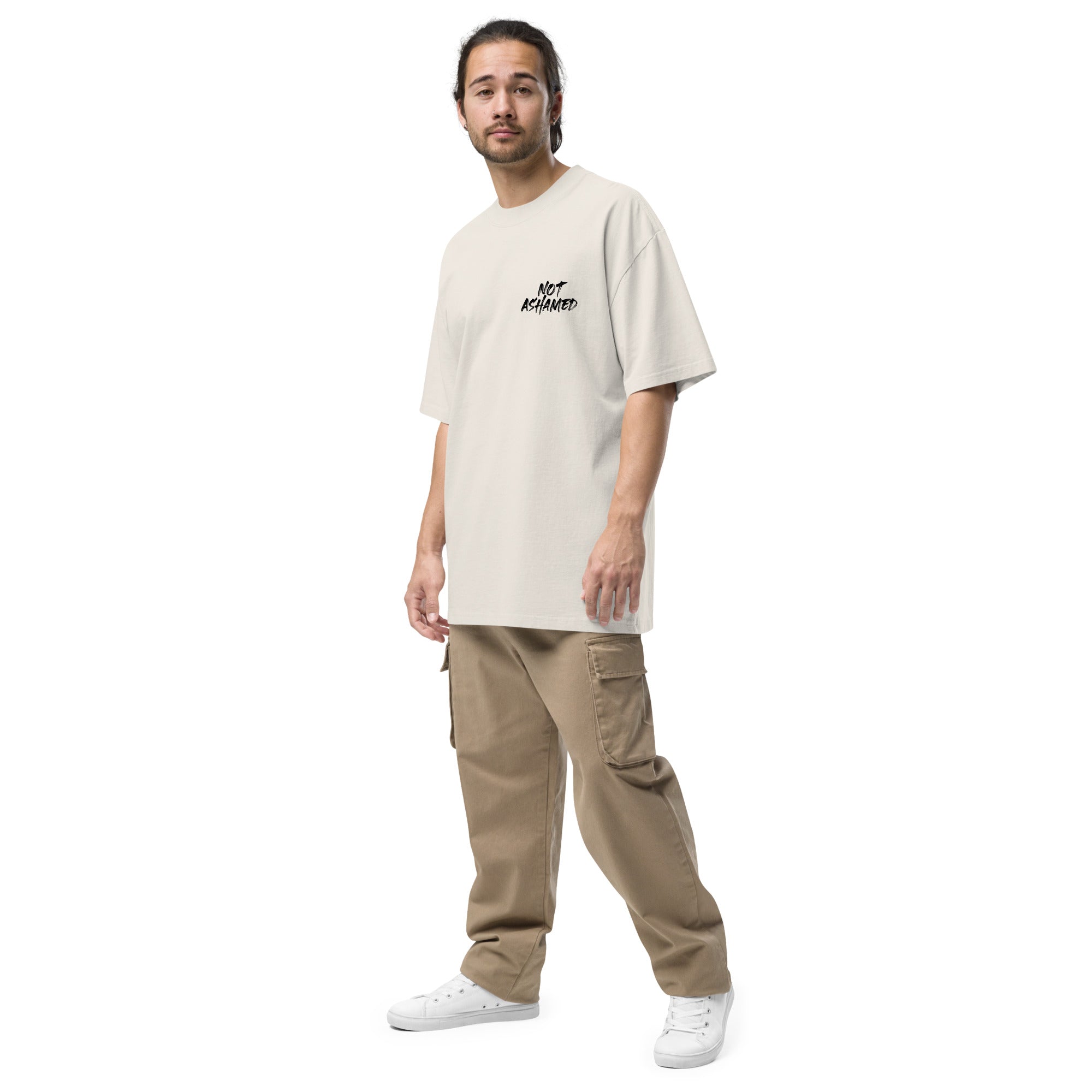 Image of Not Ashamed Bible verse shirt faded bone left front view — Entrusted to Him
