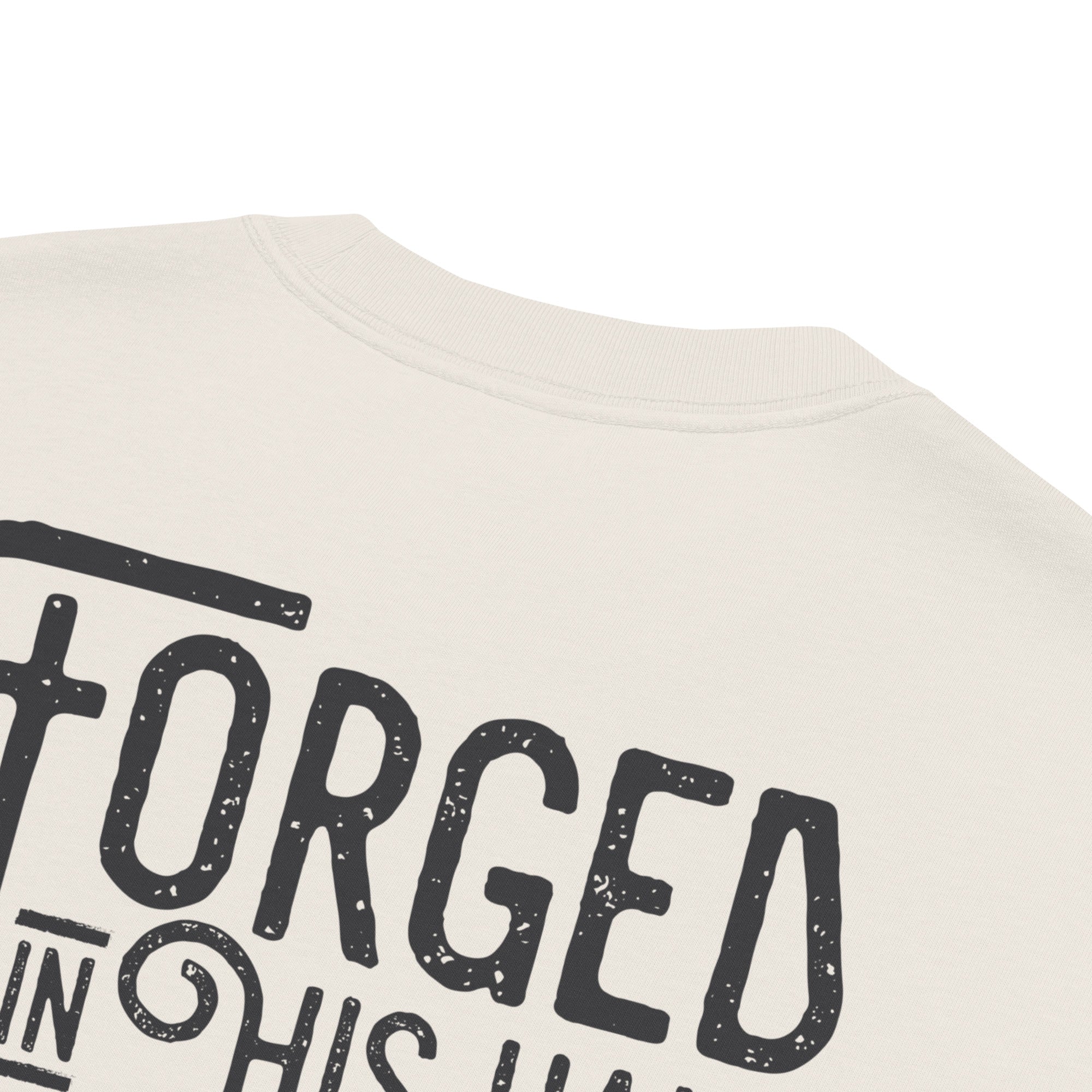 Image of Forged in His Hands Christian apparel faded bone close-up detail — Entrusted to Him