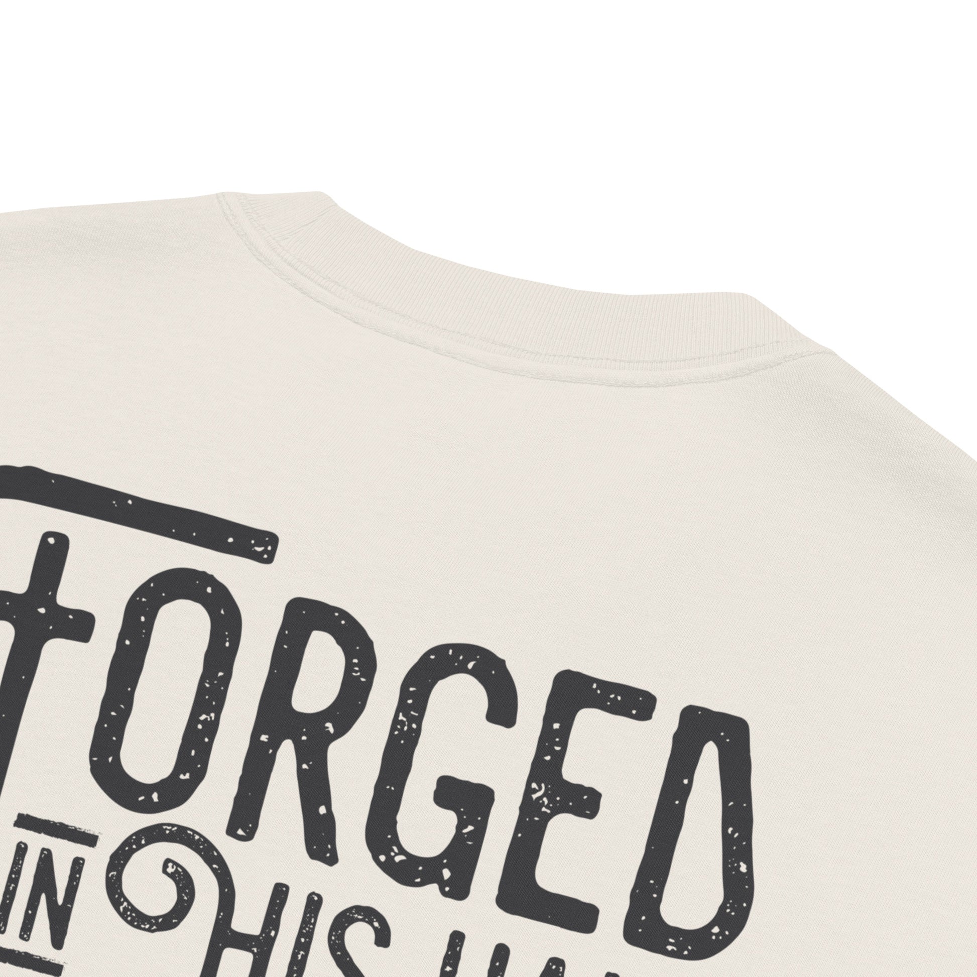 Forged in His Hands Christian apparel faded bone close-up detail — Entrusted to Him