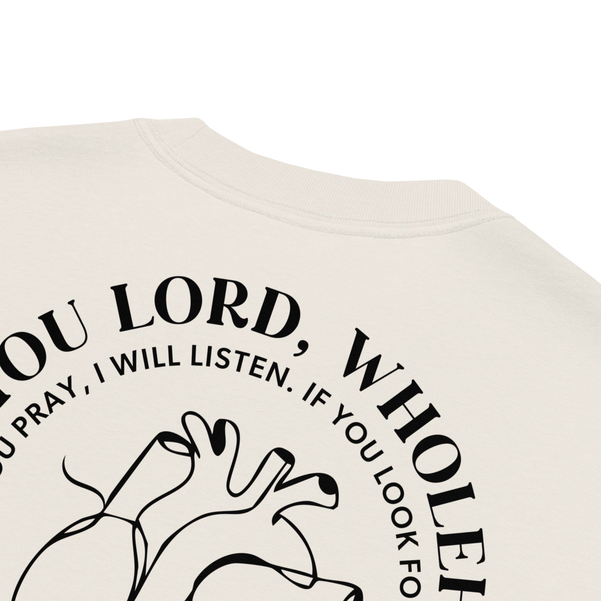 Wholeheartedly oversized Christian t-shirt faded bone close-up detail — Entrusted to Him