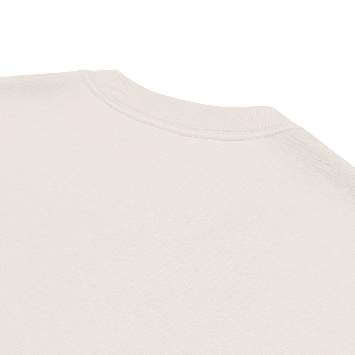 Close-up of the wide ribbed neckline on the Faded Bone oversized faded t-shirt