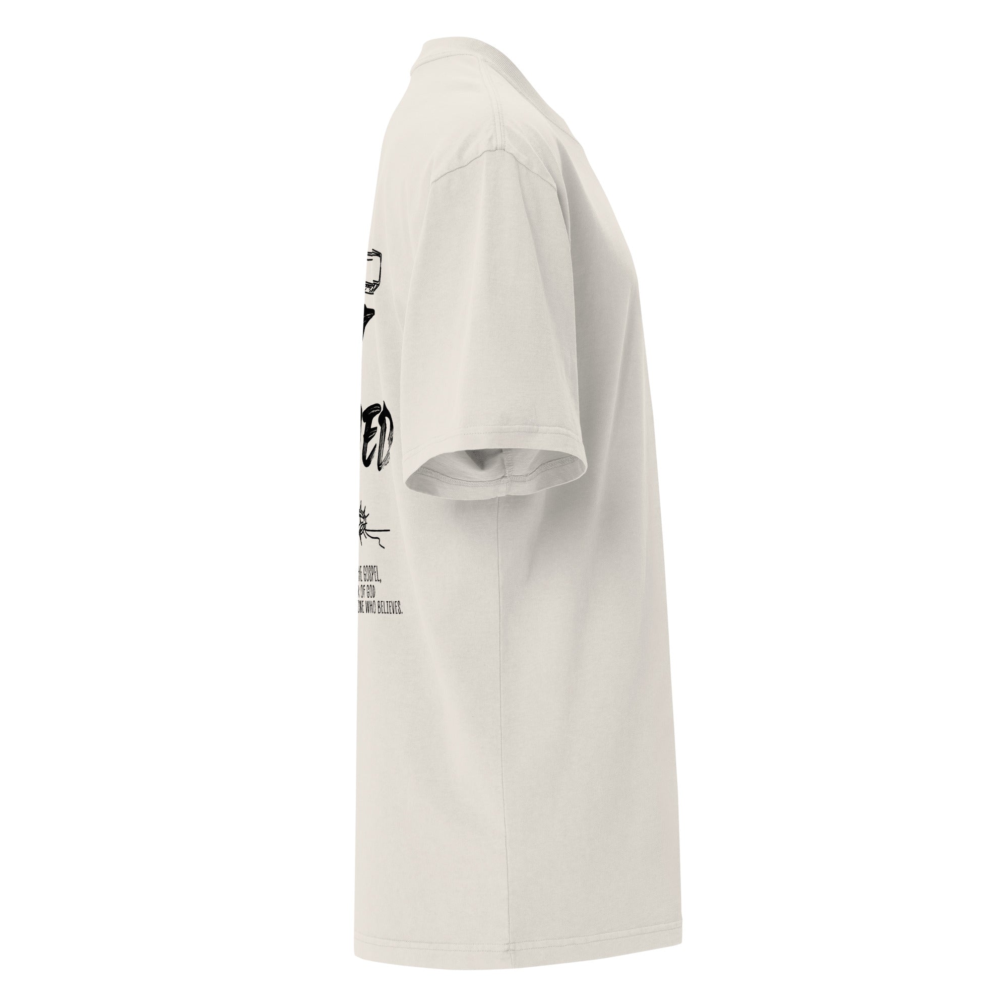 Image of Not Ashamed oversized Christian t-shirt faded bone right side view — Entrusted to Him