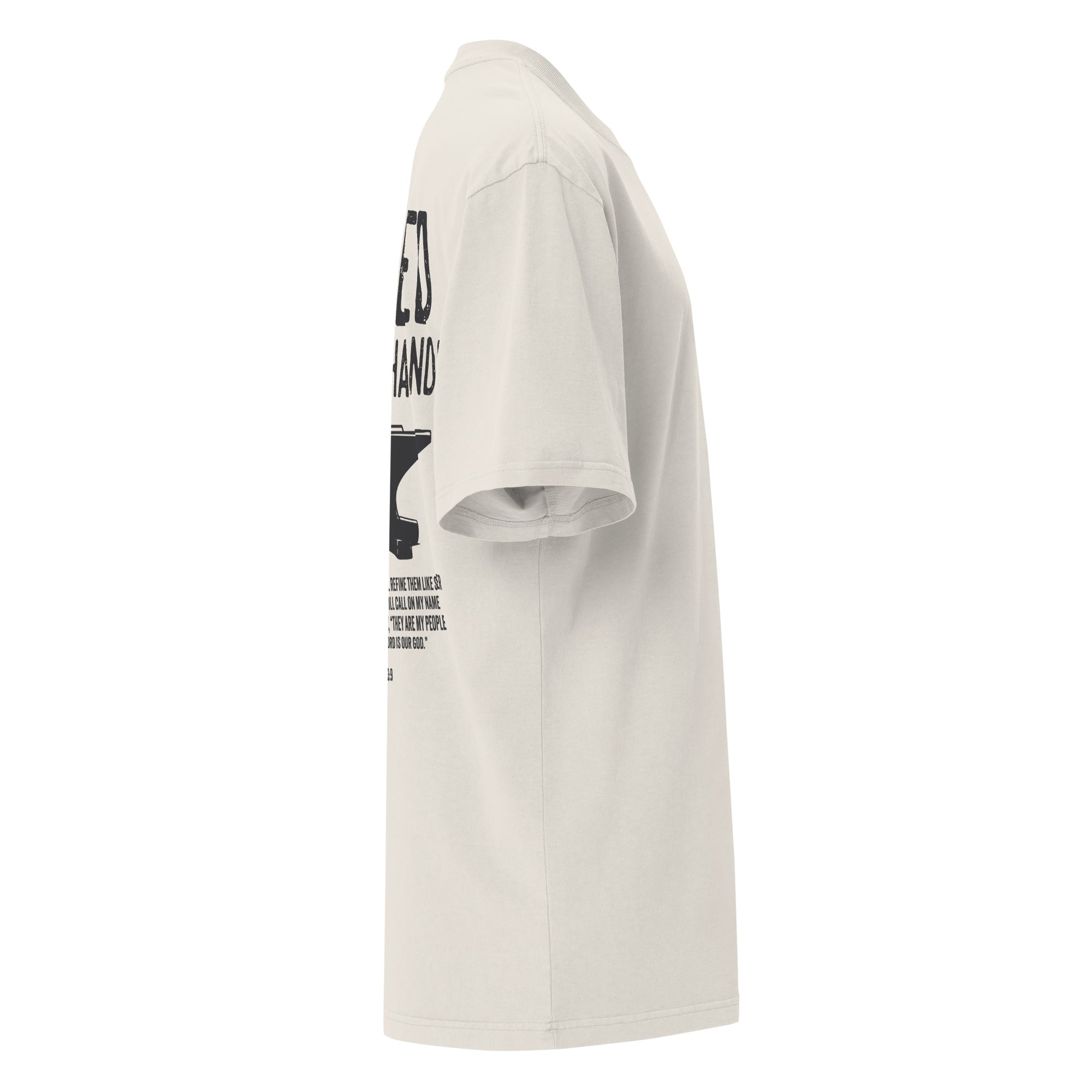 Image of Forged in His Hands Bible verse shirt faded bone right side view — Entrusted to Him