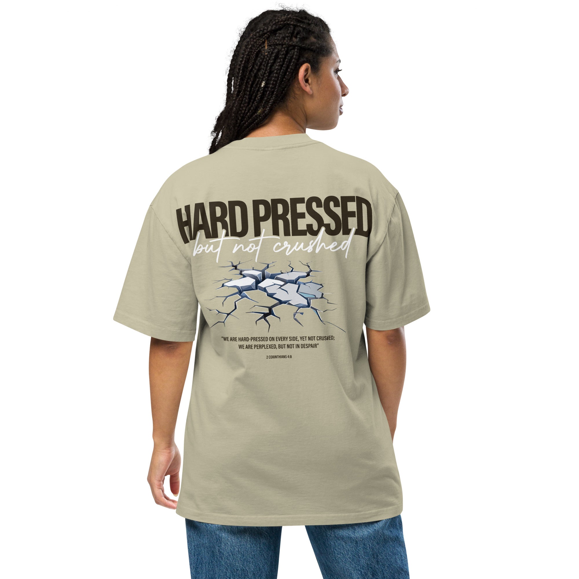 Image of Hard Pressed Christian apparel faded eucalyptus back detail view — Entrusted to Him