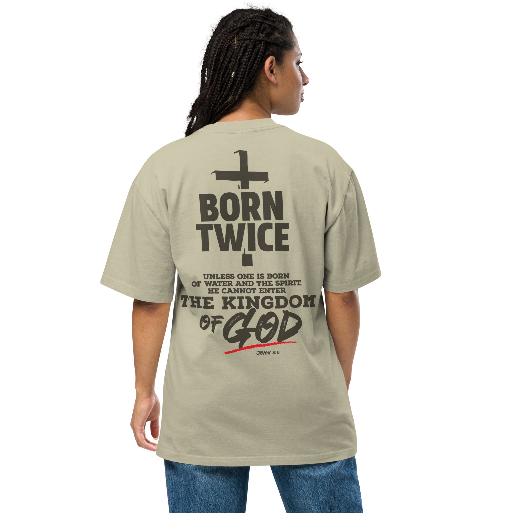 Image of Born Twice oversized Jesus shirt faded eucalyptus back alternate view — Entrusted to Him