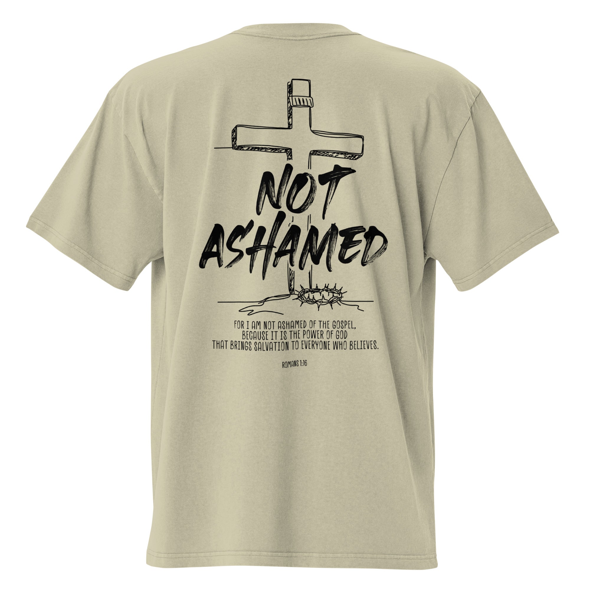 Image of Not Ashamed Bible verse shirt faded eucalyptus back view — Entrusted to Him