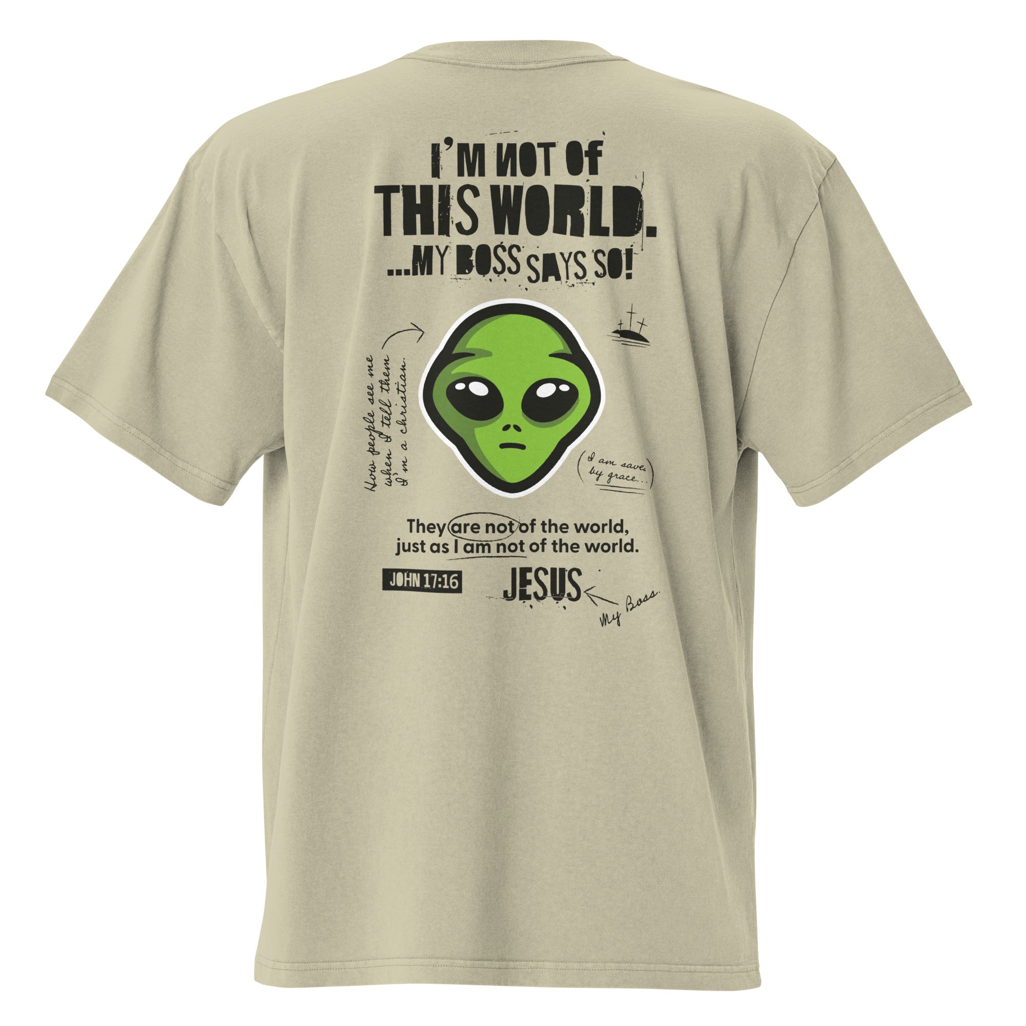 Image of Not From This World Jesus t-shirt faded eucalyptus back view — Entrusted to Him