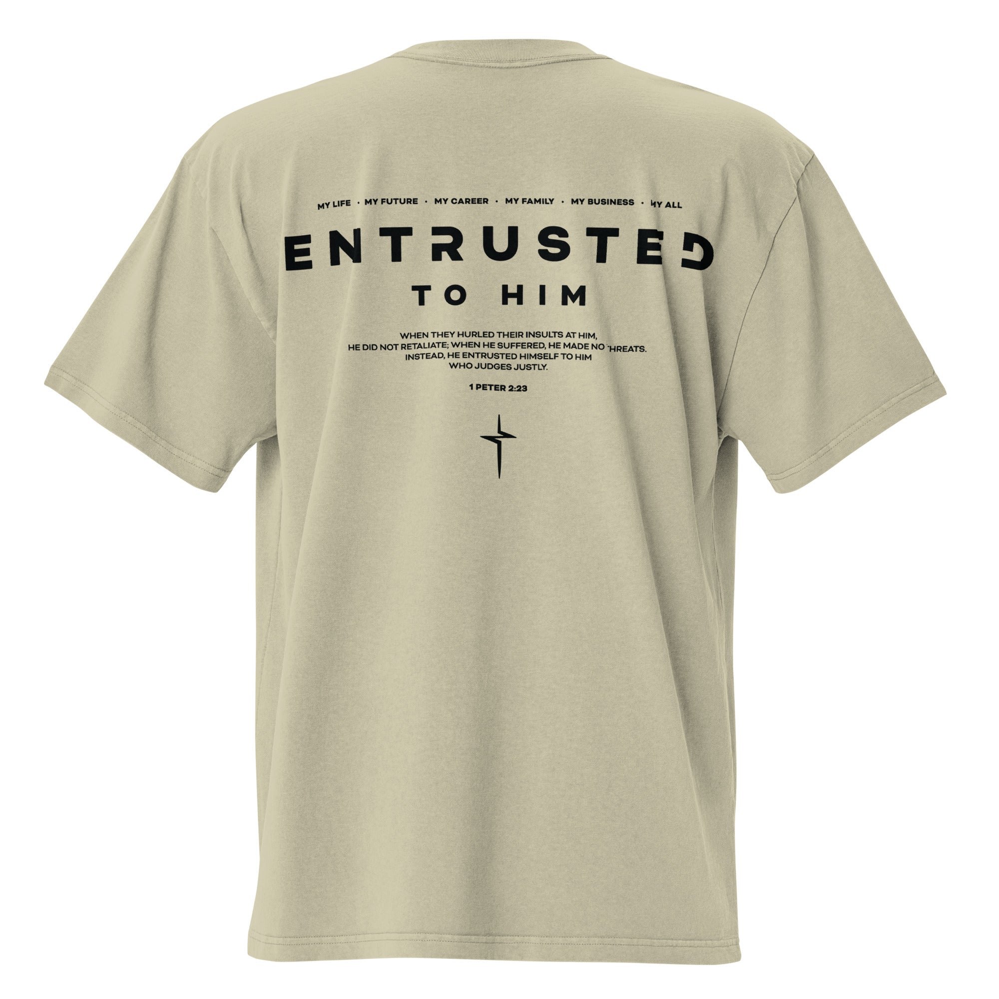 Image of Entrusted Bible verse shirt faded eucalyptus back view — Entrusted to Him
