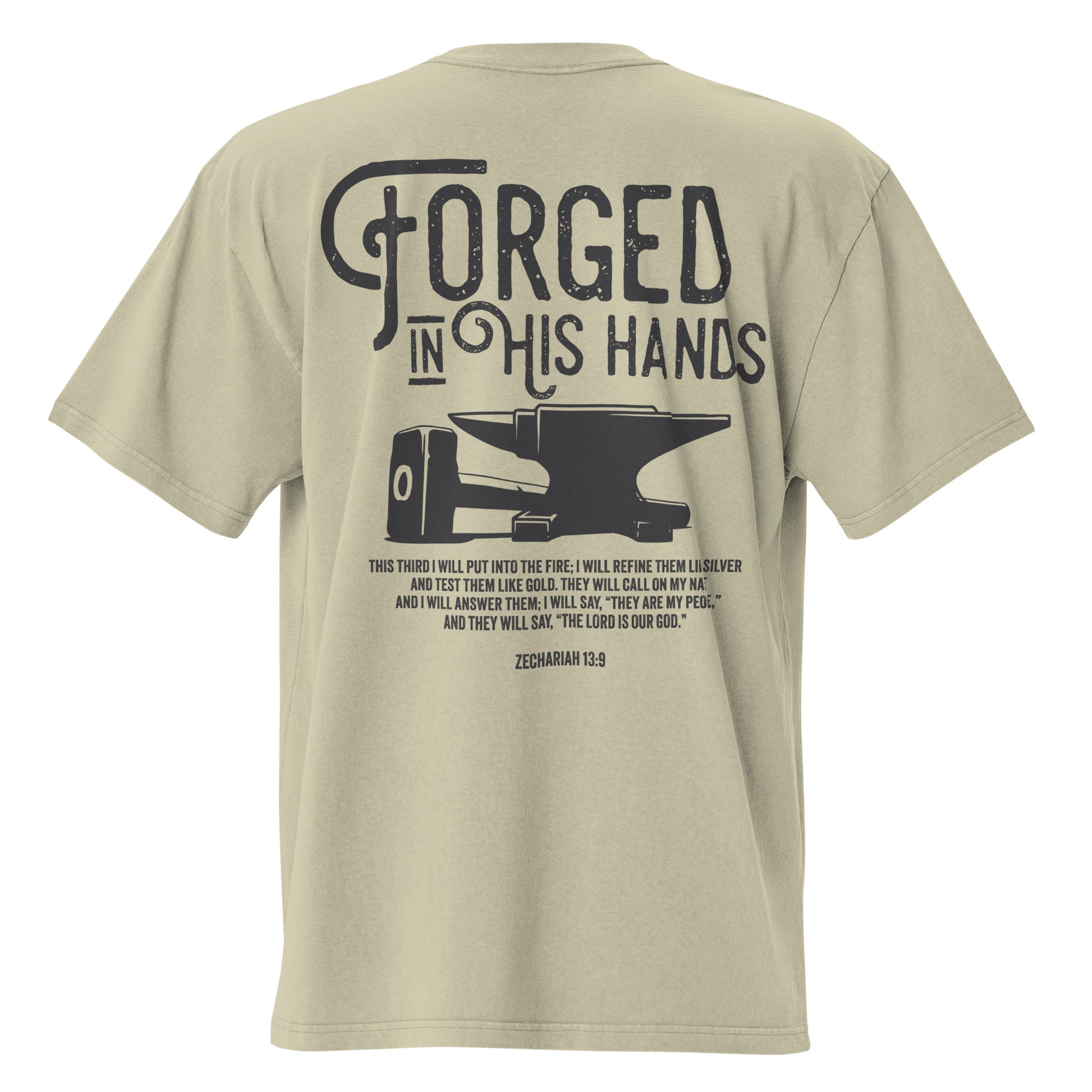 Forged in His Hands Christian apparel faded eucalyptus back view — Entrusted to Him