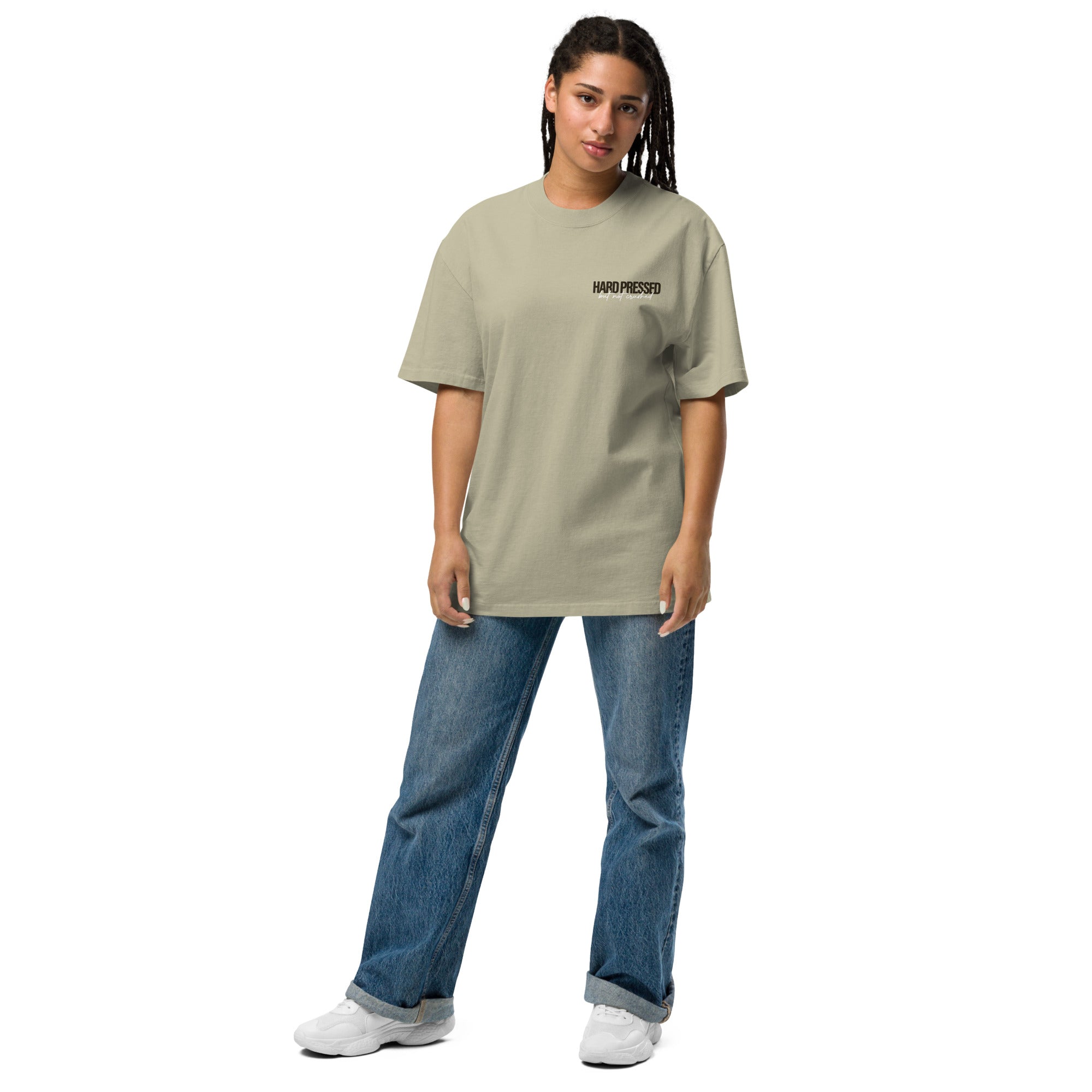 Image of Hard Pressed Bible verse shirt faded eucalyptus front detail view — Entrusted to Him