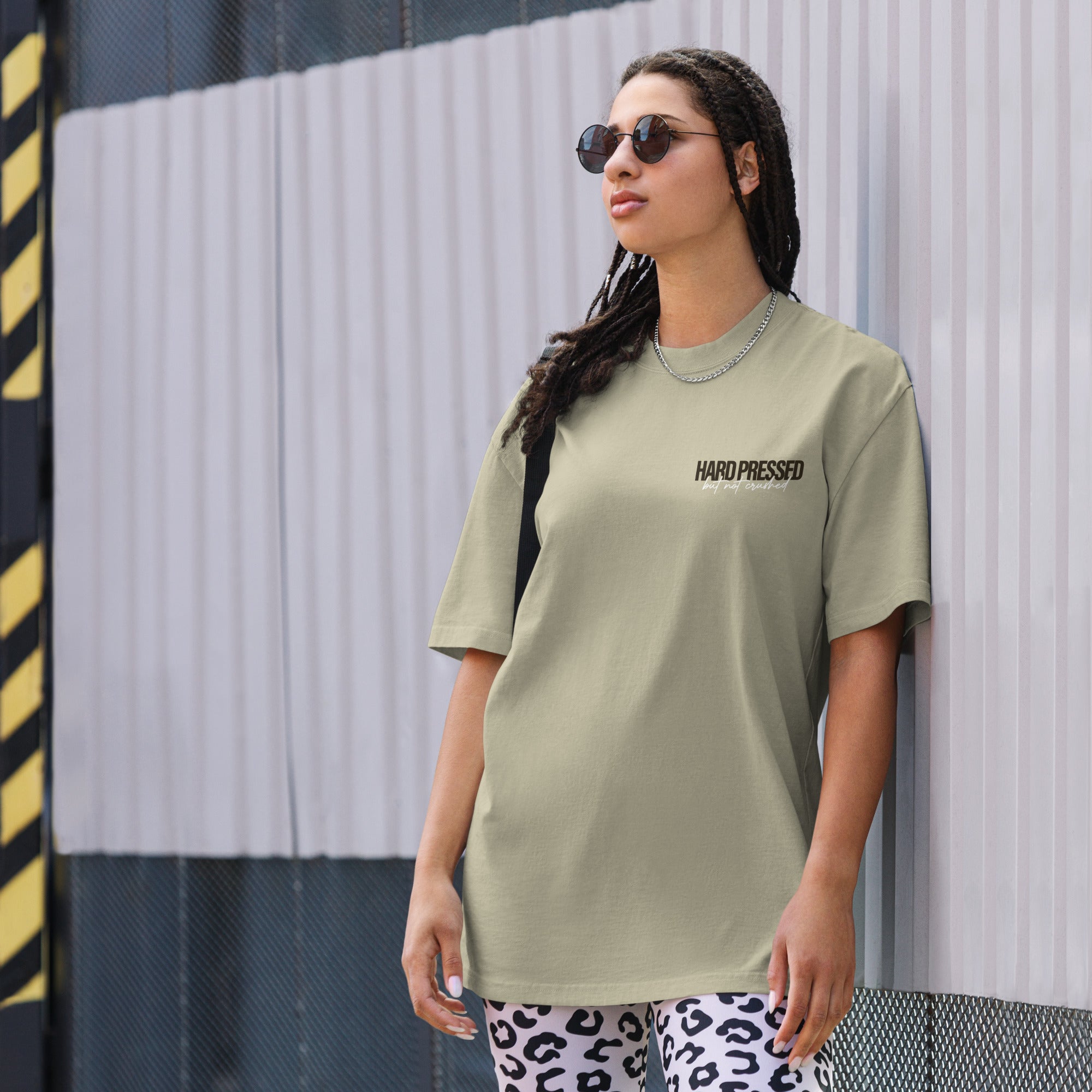 Image of Hard Pressed Christian graphic tee faded eucalyptus front lifestyle view — Entrusted to Him
