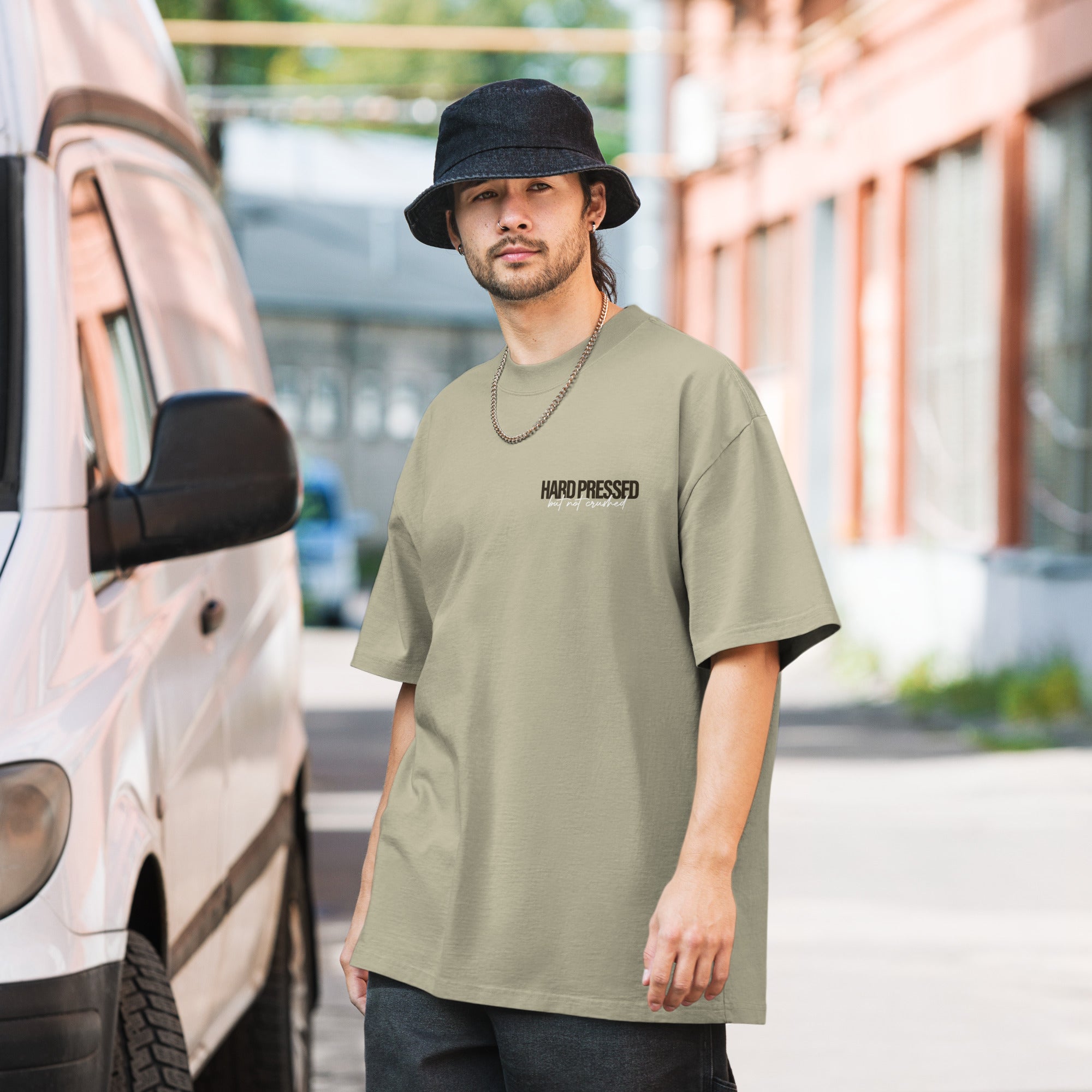 Image of Hard Pressed Christian graphic tee faded eucalyptus front lifestyle view — Entrusted to Him