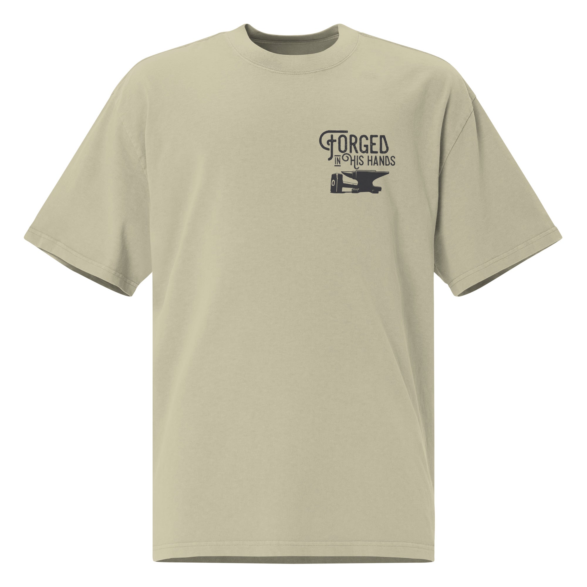 Image of Forged in His Hands Jesus t-shirt faded eucalyptus front view — Entrusted to Him