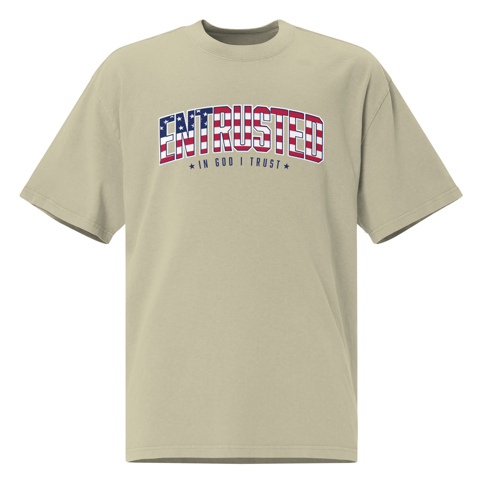 Image of Entrusted Patriotic Oversized Faded T-shirt in Faded Eucalyptus, front view with American flag In God I Trust design