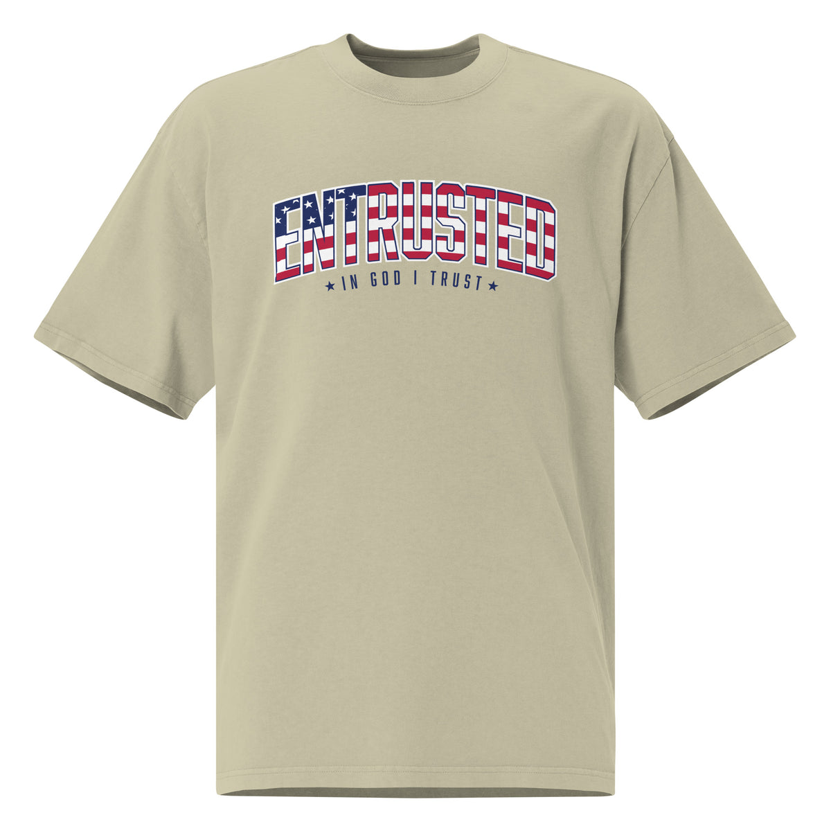 Entrusted Patriotic Oversized Faded T-shirt in Faded Eucalyptus, front view with American flag In God I Trust design