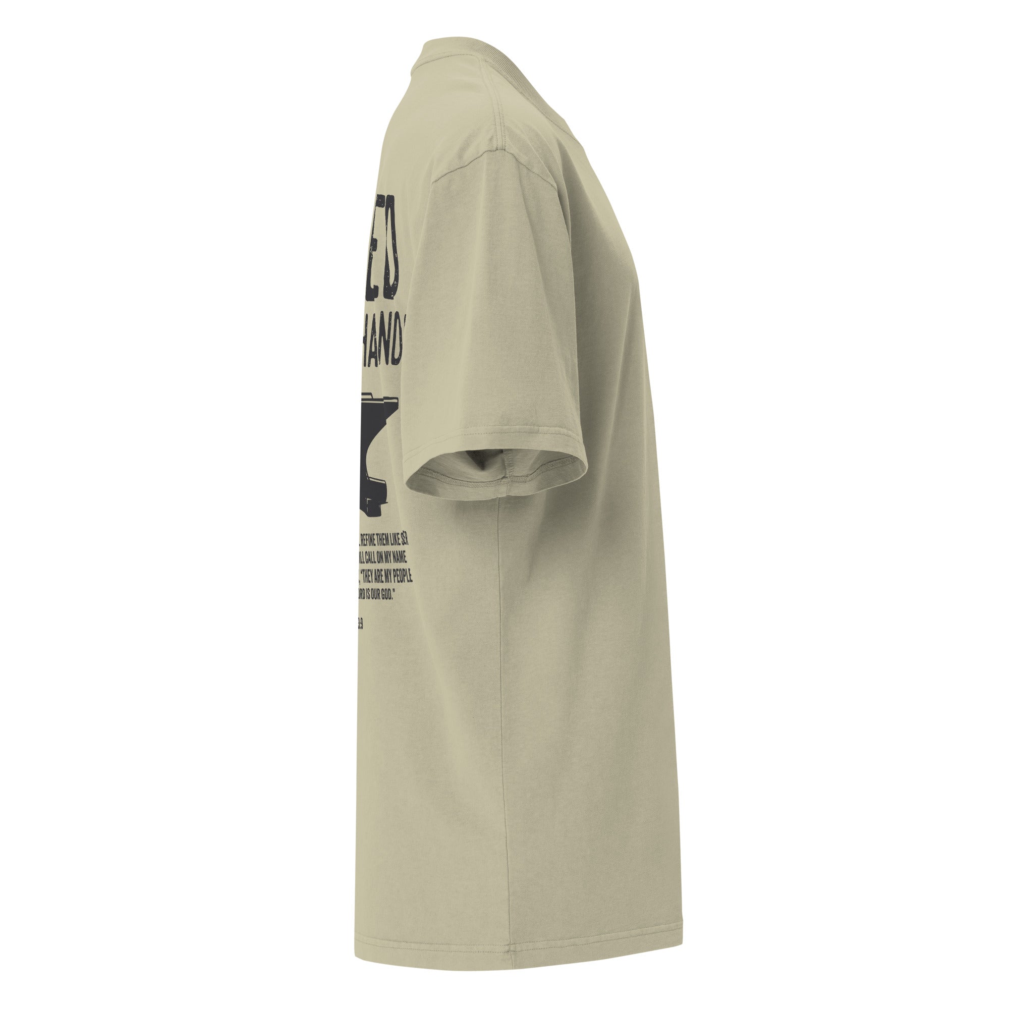 Image of Forged in His Hands Christian graphic tee faded eucalyptus right side view — Entrusted to Him