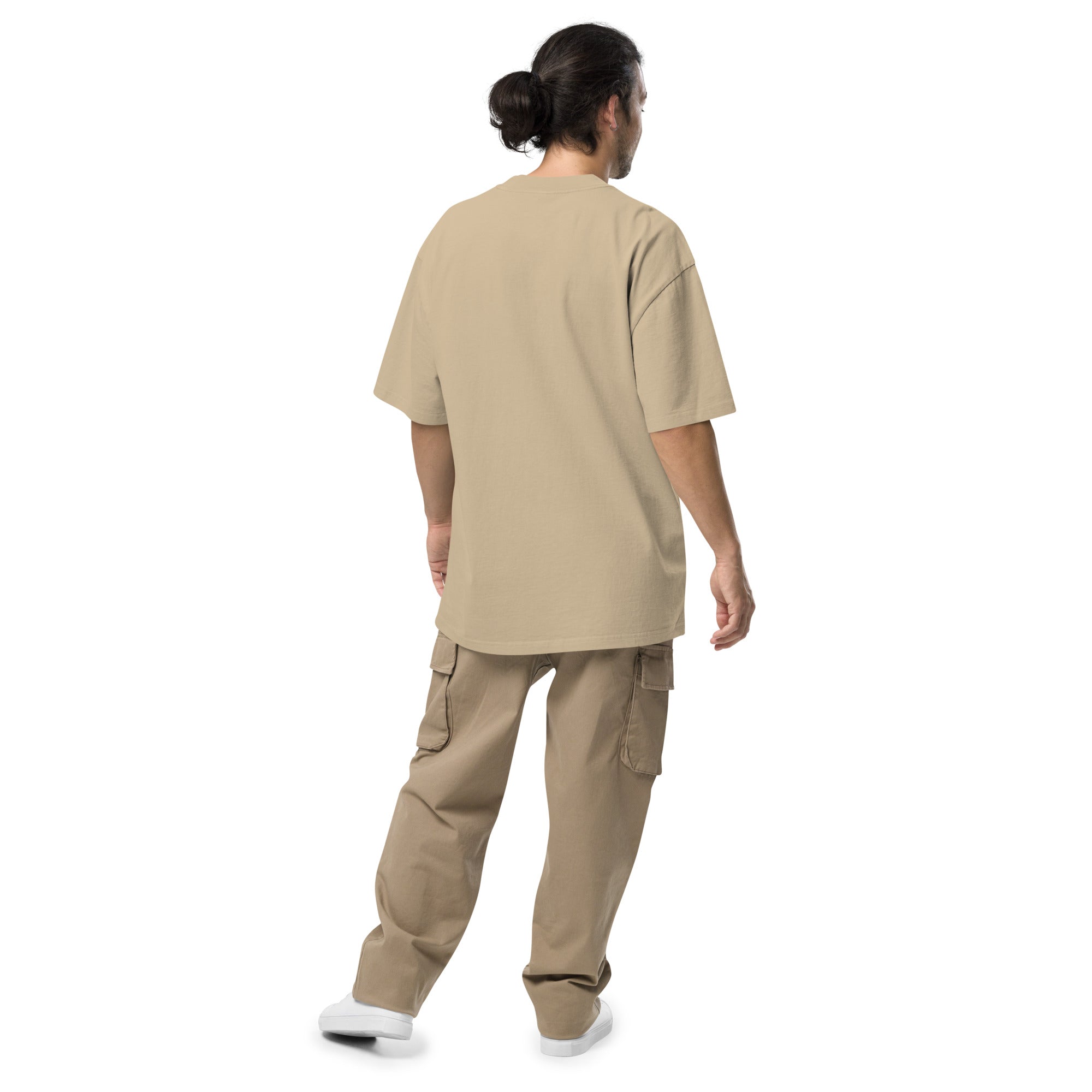 Image of Risen oversized Christian t-shirt faded khaki back alternate view — Entrusted to Him
