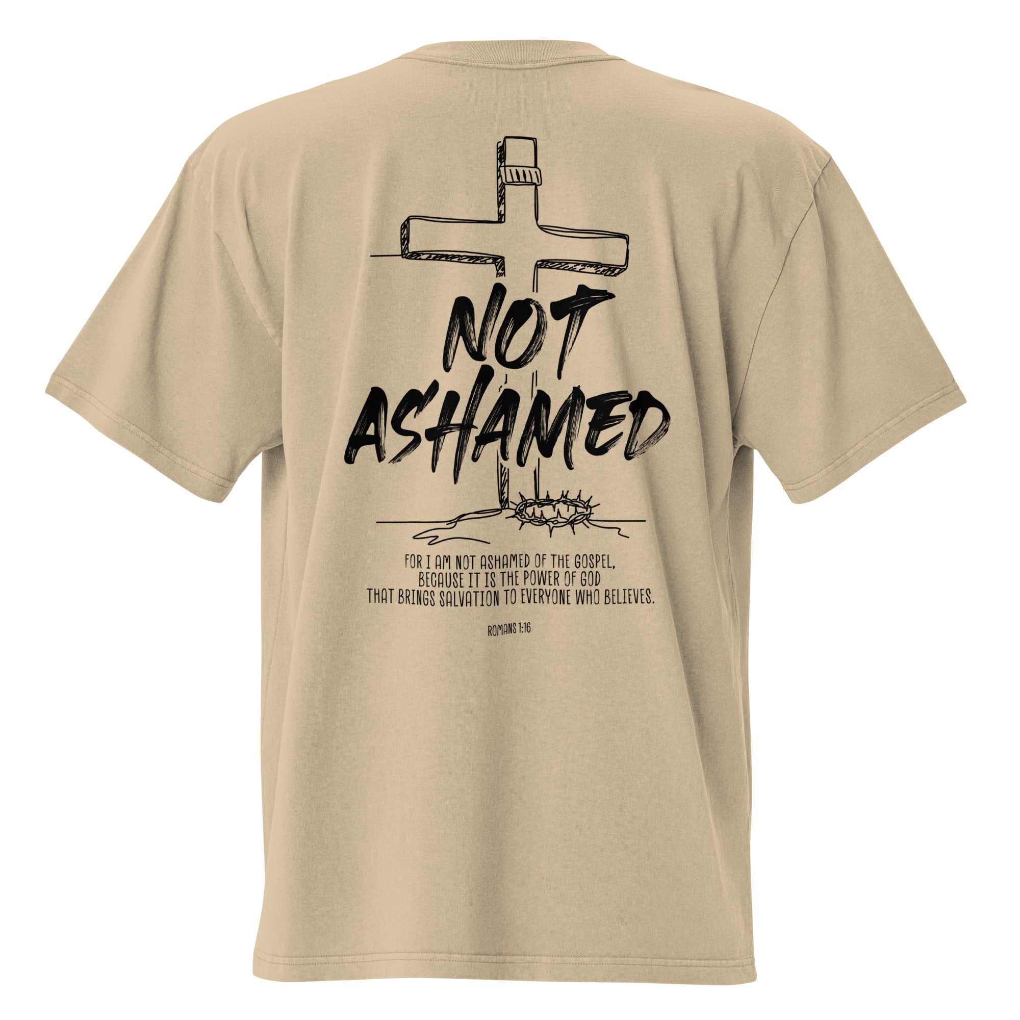 Image of Not Ashamed oversized Jesus shirt faded khaki back view — Entrusted to Him