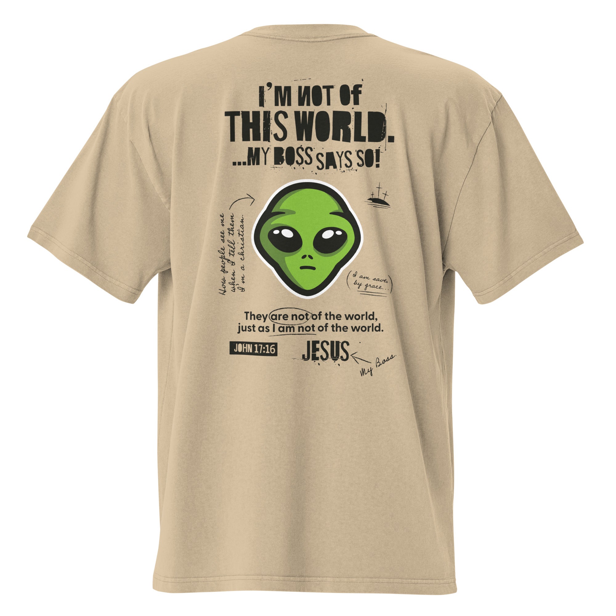 Image of Not From This World Christian clothing faded khaki back view — Entrusted to Him