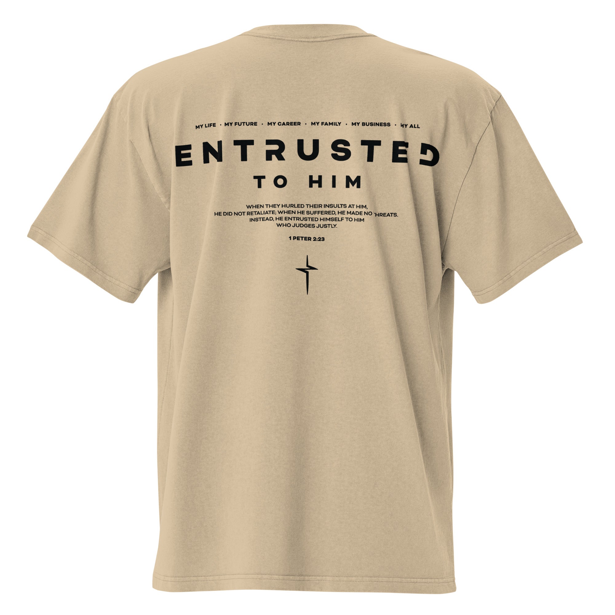 Image of Entrusted oversized Jesus shirt faded khaki back view — Entrusted to Him