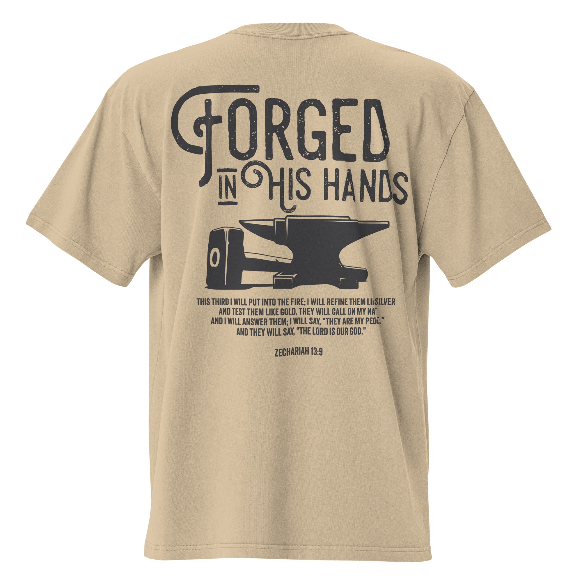 Image of Forged in His Hands oversized Jesus shirt faded khaki back view — Entrusted to Him