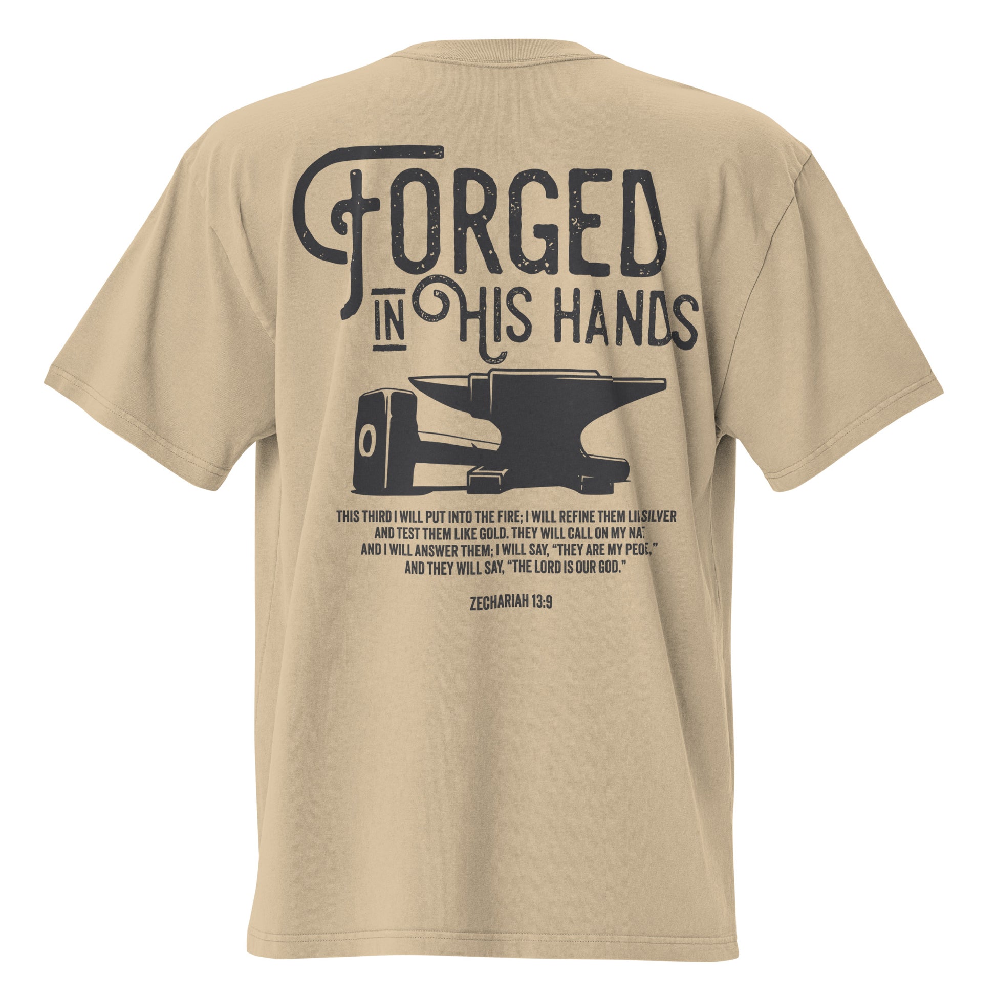 Forged in His Hands oversized Jesus shirt faded khaki back view — Entrusted to Him