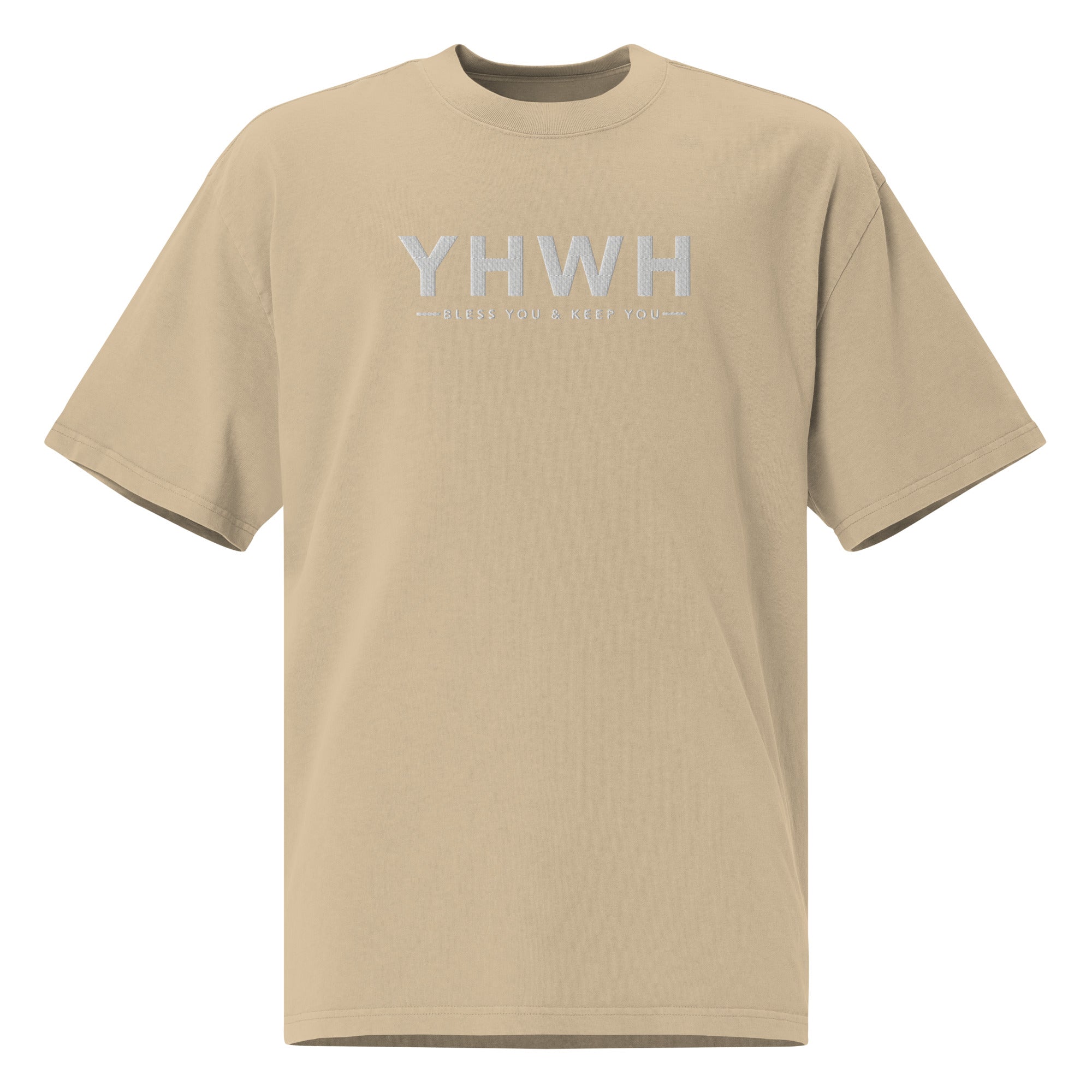 Image of YHWH oversized Christian t-shirt faded khaki front view — Entrusted to Him