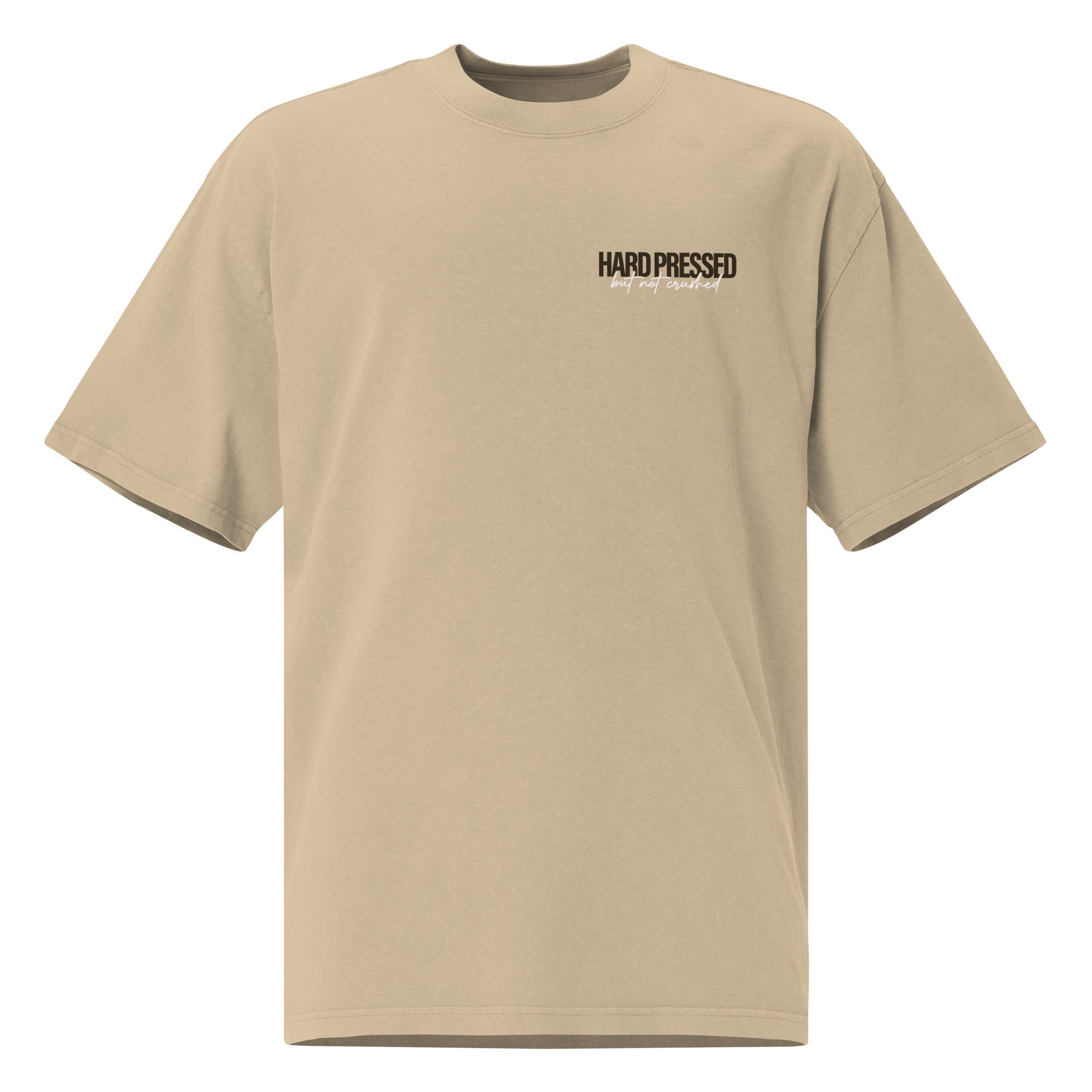 Image of Hard Pressed Bible verse shirt faded khaki front view — Entrusted to Him