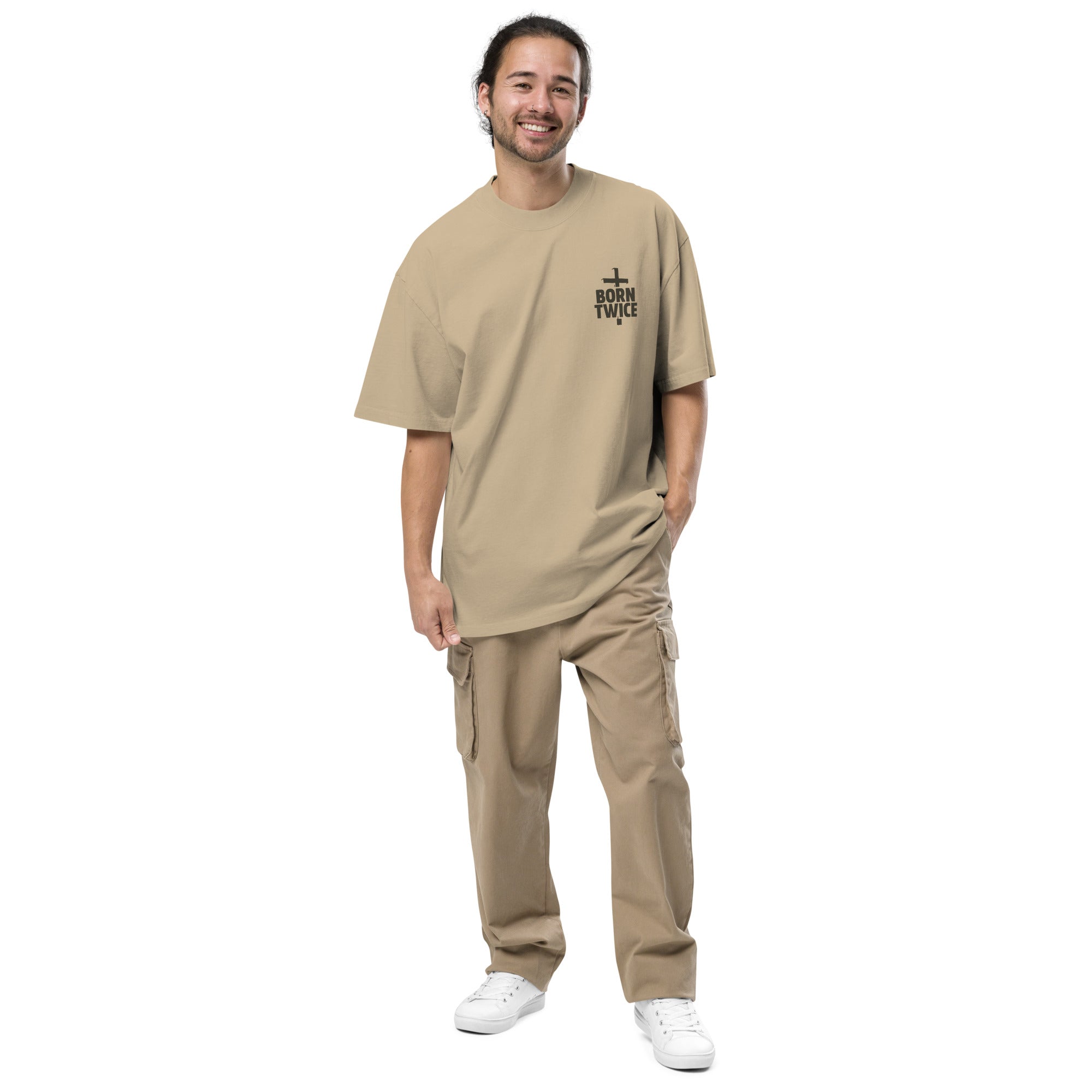 Image of Born Twice Christian t-shirt faded khaki front alternate view — Entrusted to Him