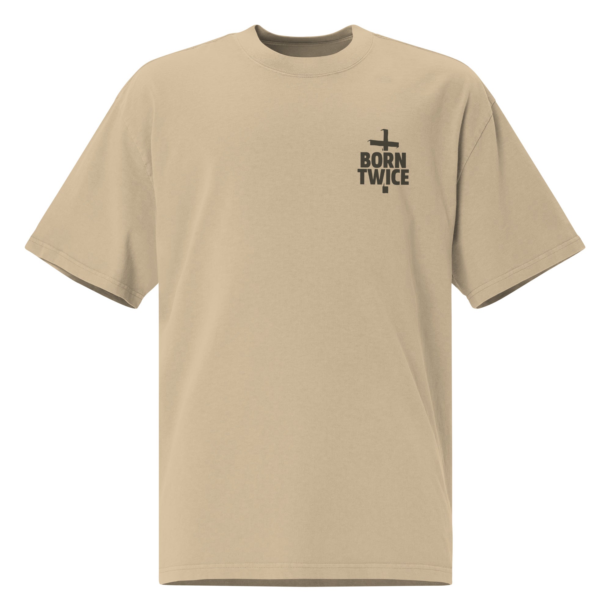 Image of Born Twice Christian graphic tee faded khaki front view — Entrusted to Him