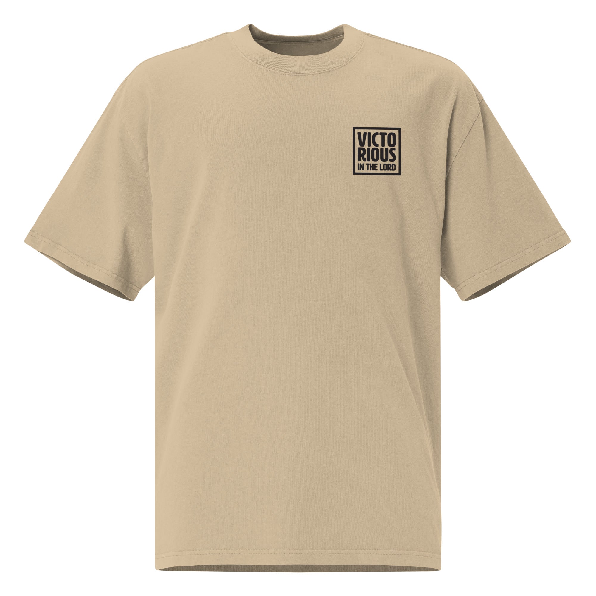 Image of Victorious oversized Christian t-shirt faded khaki front view — Entrusted to Him