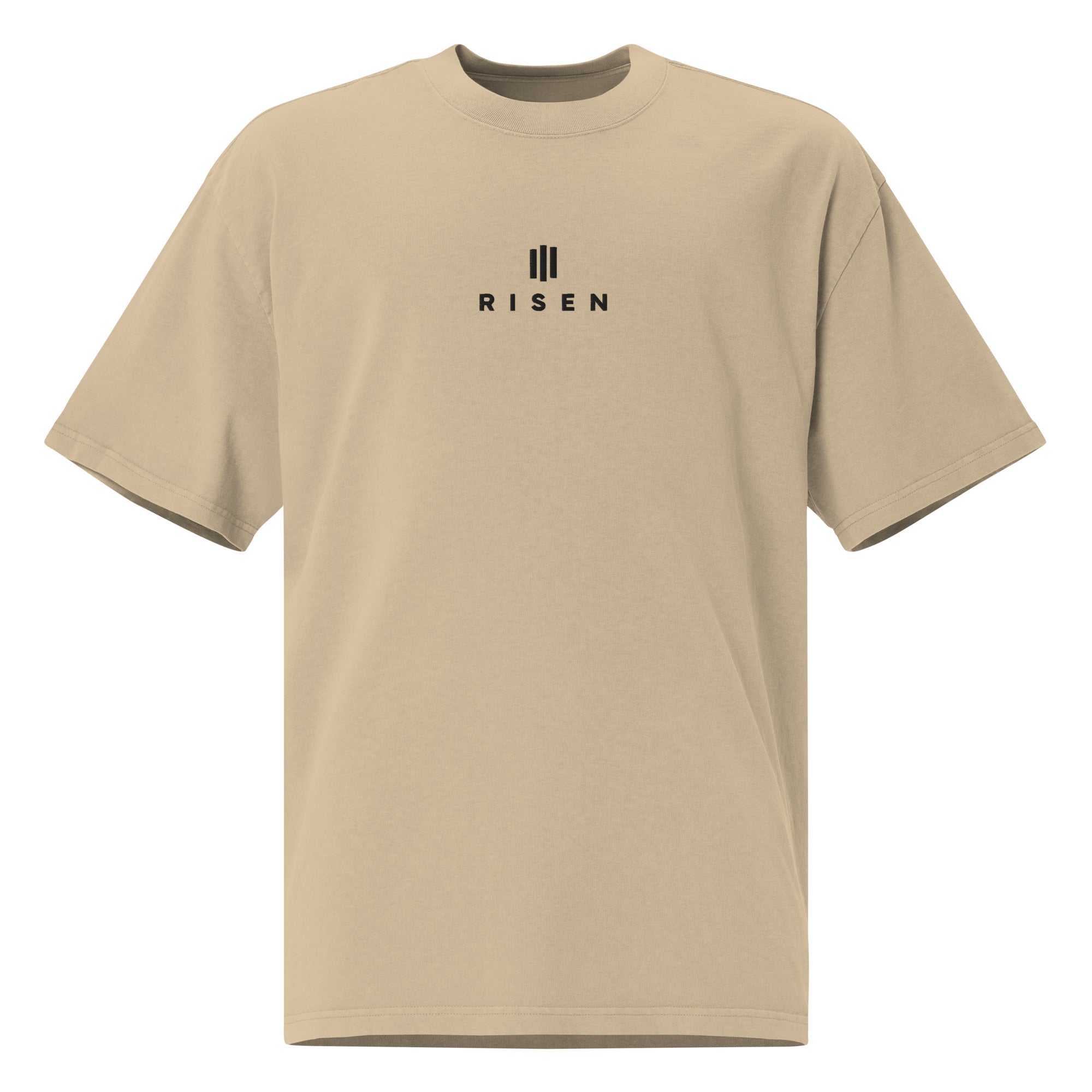 Image of Risen oversized Jesus shirt faded khaki front view — Entrusted to Him