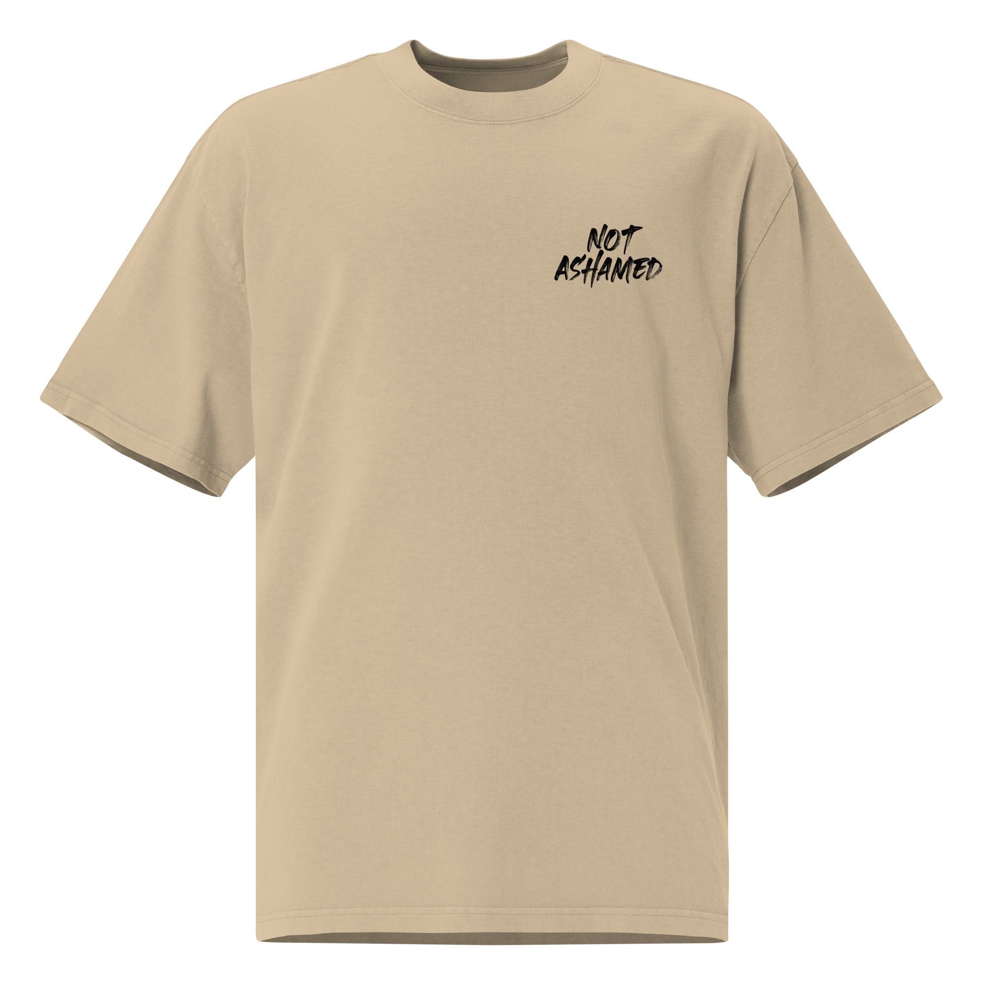 Image of Not Ashamed Christian t-shirt faded khaki front view — Entrusted to Him
